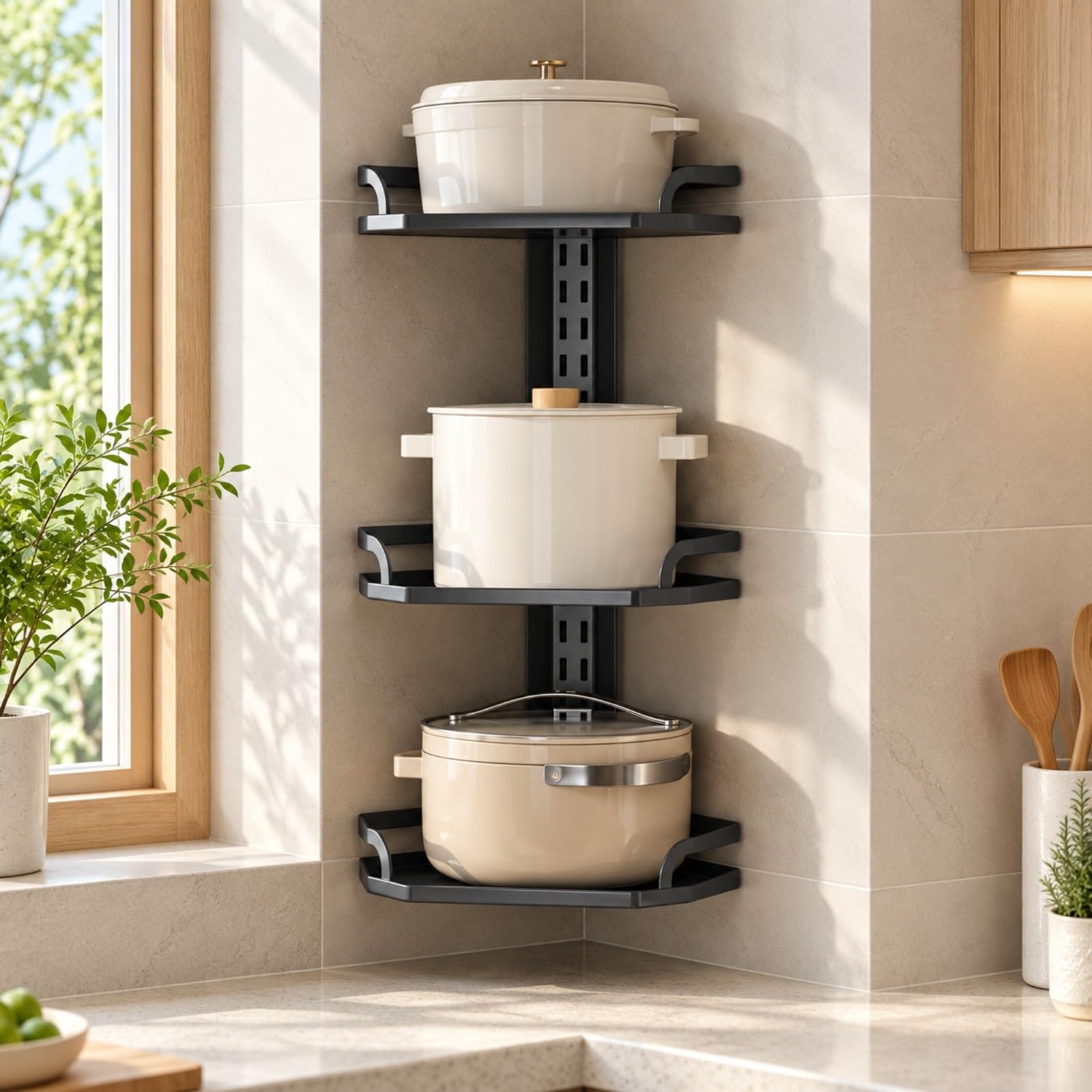 Porte-Pots Mural Trois Étagères Réglables peu Encombrant Étagère Cuisine Panneau à Crémaillère Robuste pr Locataires, Noir