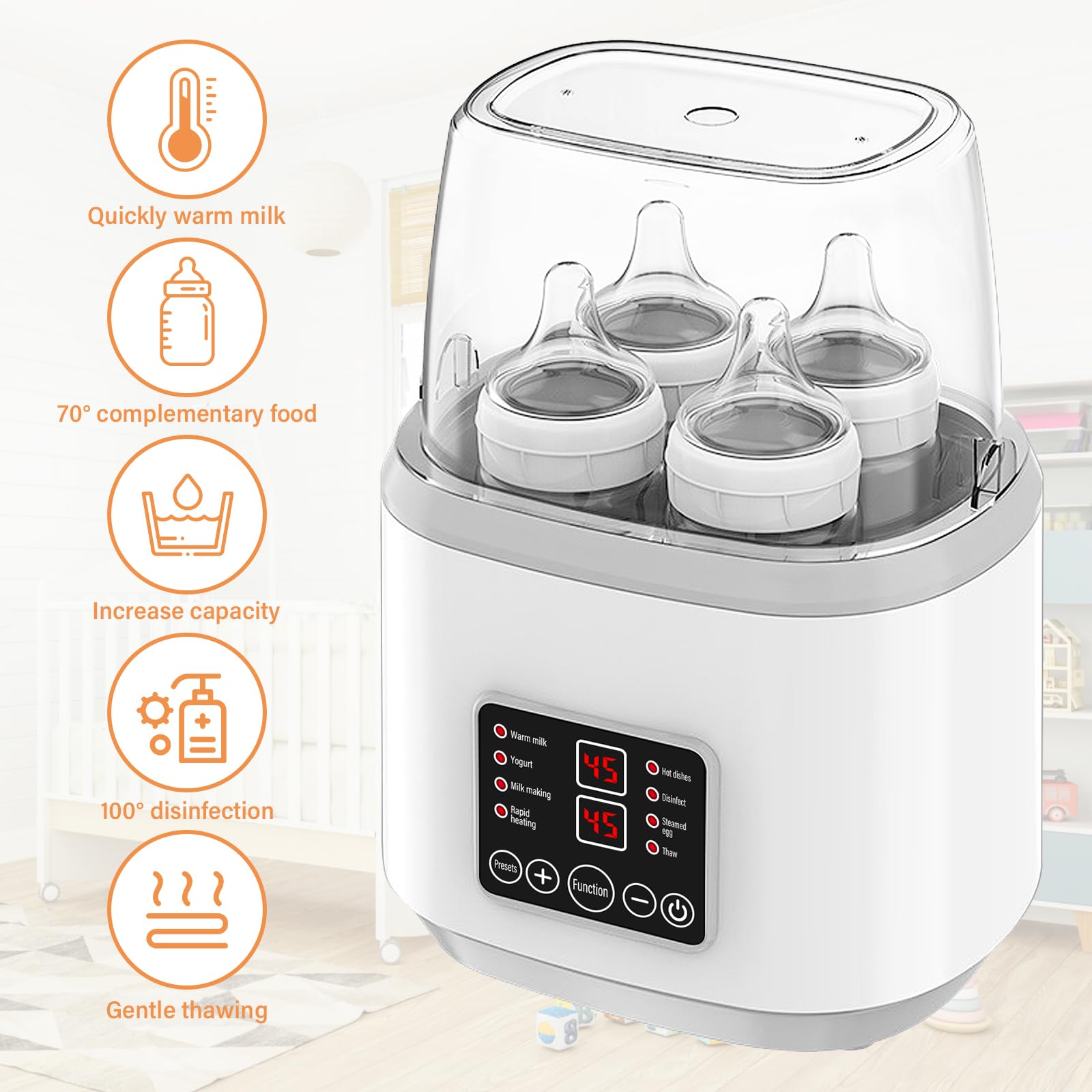 Flaschenwärmer Baby, Hält die Wärme 24H, Sterilisator für Babyflaschen, Babyflaschen 8-in-1, Modular für bis zu 4 Babyflaschen, Baby Flaschenwärmer für Muttermilch, Flaschen Sterilisator Baby