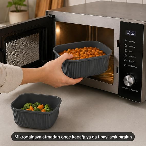 Vakumlu Silikon Kapaklı Plastik Saklama Kabı, 3.5 Litre, Mikrodalga ve Derin Dondurucu İçin Sefer Tası, Gıda Depolama Kutusu, BPA İçermez (600/1100/1800 ml) (Antrasit, Kare)