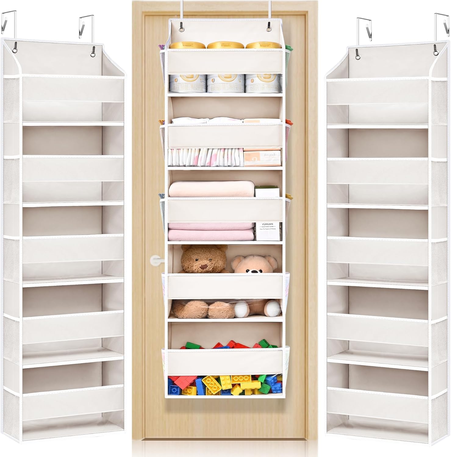 ULG 5-Tier Over Door Organizer with 5 Large Pockets 10 Mesh Side Pockets, 44 lbs Weight Capacity Hanging Storage Organizer with Clear Window for Bedroom Bathroom Kitchen, RV, Camper Beige，2 Pack