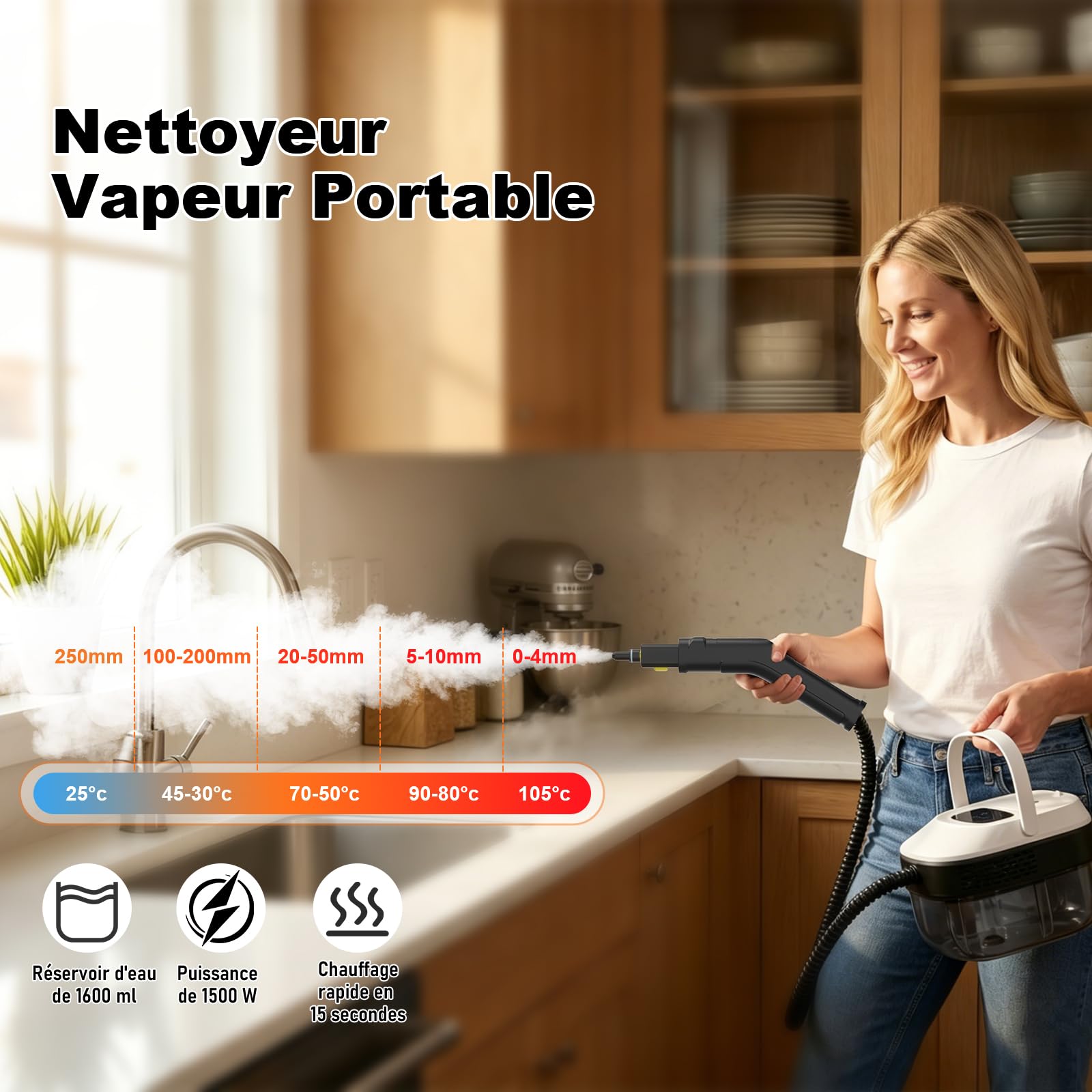 Nettoyeur Vapeur avec Balai, Poignée Réglable à 3 Positions, Chariot de Transport, Réservoir d'eau de 1,6 L, Temps de Chauffe de 15 Secondes, 17 Accessoires, pour Sols, Cuisines, Fenêtres