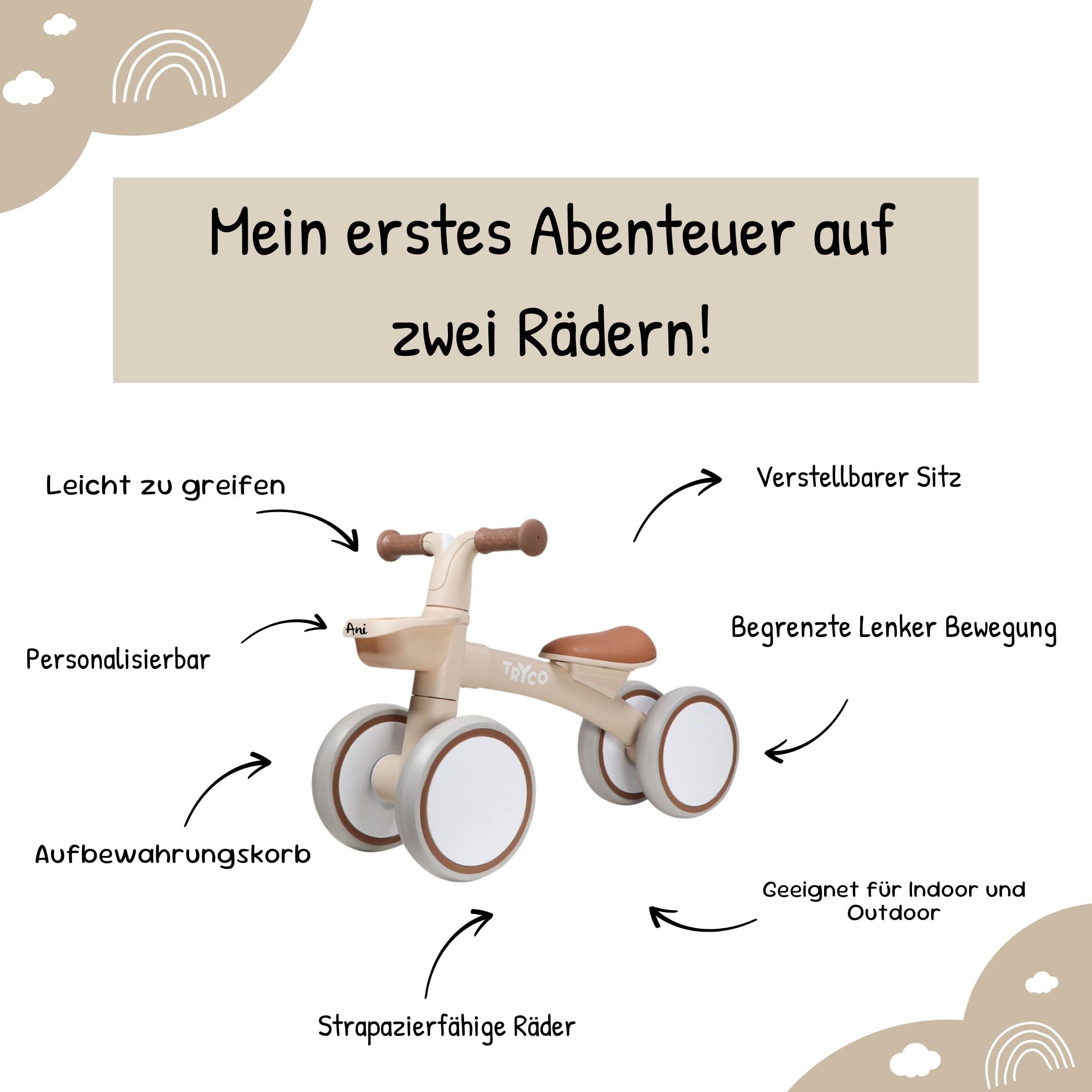 Lauflernrad Tryco First Bike Luna – Personalisierbar mit Namen – Kinderlaufrad aus Holz – Ab 2 Jahren – Balance Bike mit Namen