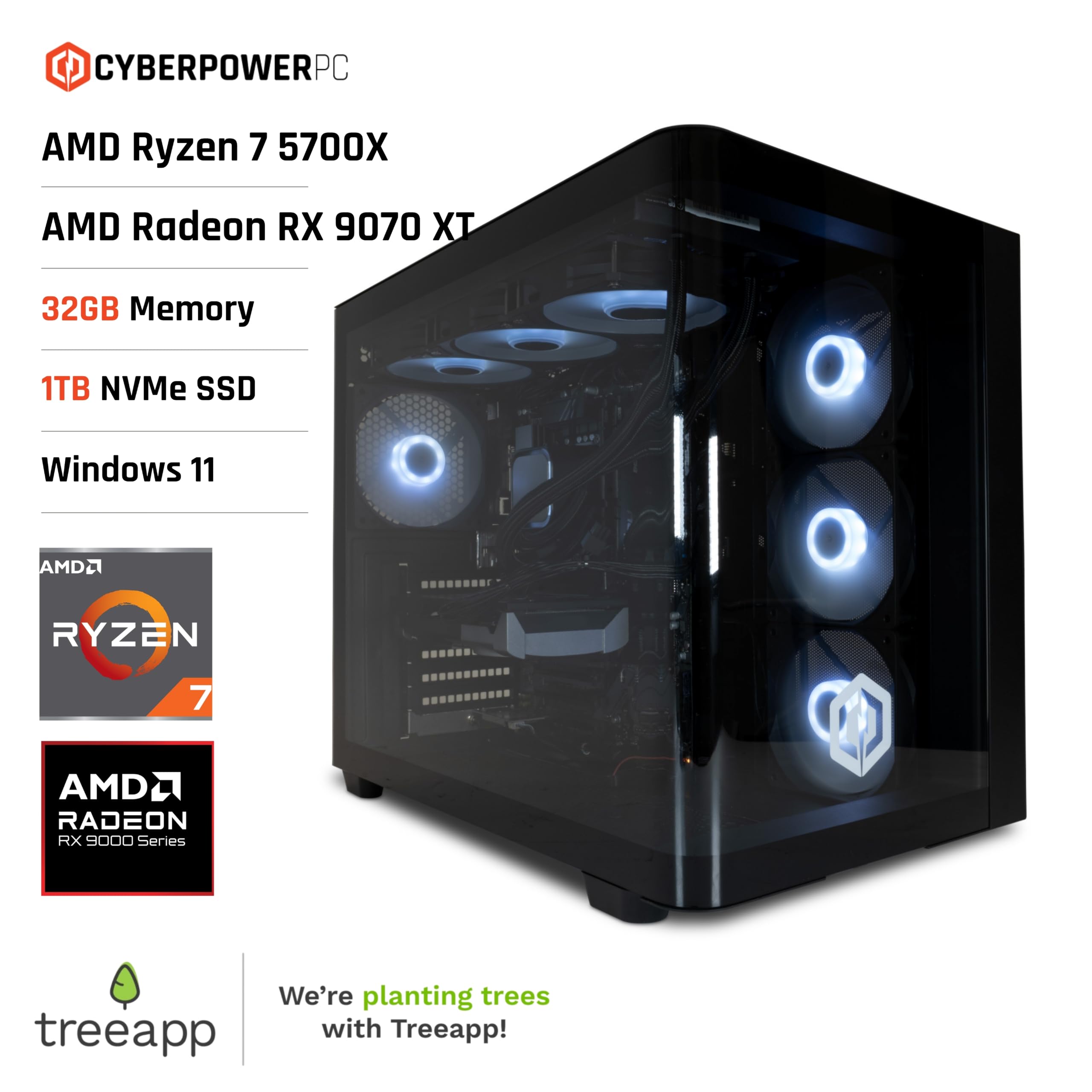 CyberpowerPC Luxe Gaming PC - AMD Ryzen 7 5700X, AMD RX 9070 XT, 32GB RAM, 1TB NVMe SSD, 750W PSU, Wi-FI, Windows 11, Liquid Cooling, Ark Curve Black