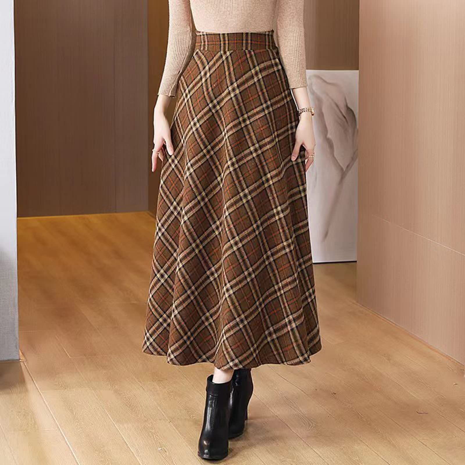 2026 Falda retro casual para mujer, falda clásica de cuadros de talle alto con cremallera con bolsillos