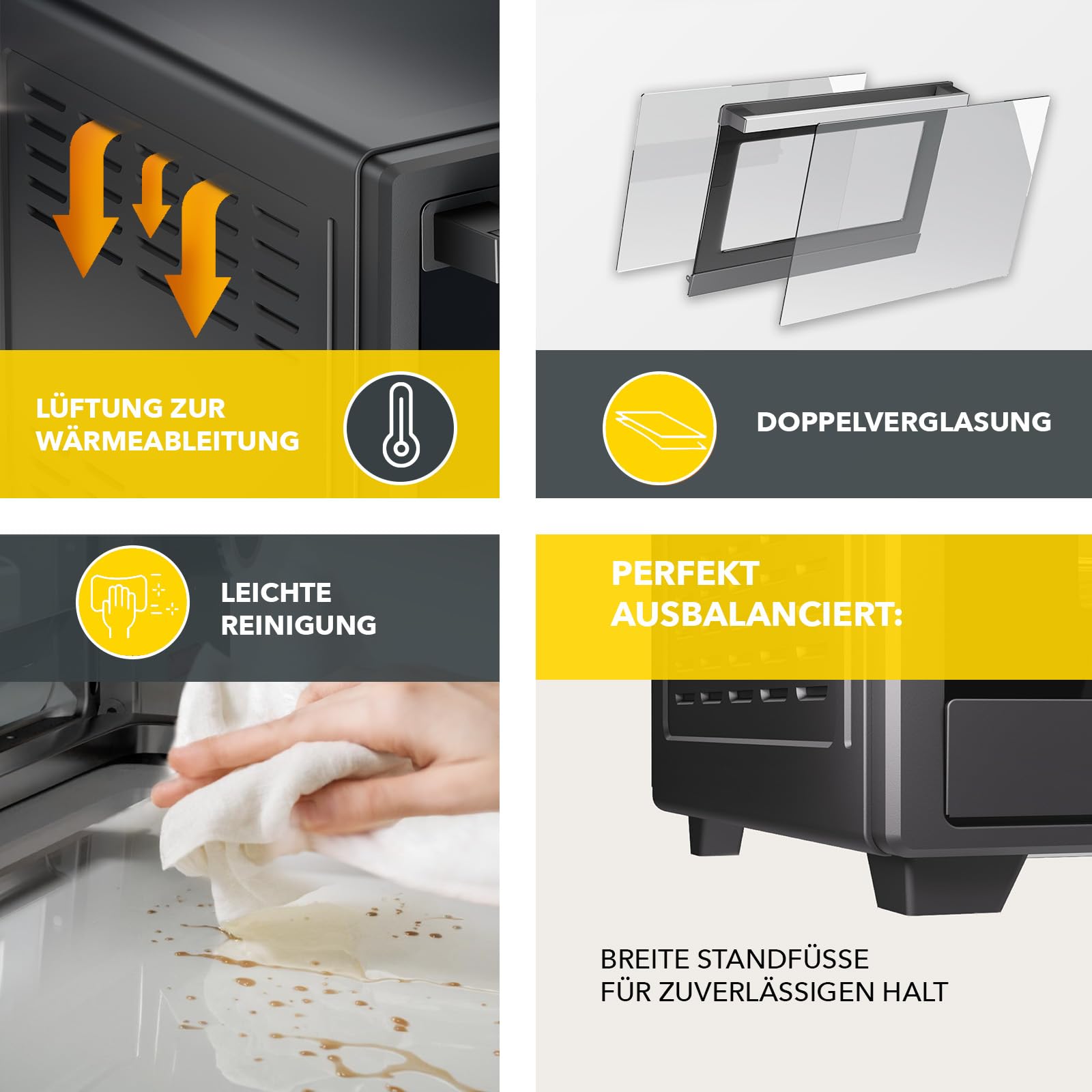 Heinrich´s Minibackofen mit Umluft 60L - Backofen klein mit Drehspieß, Airfryer-Einsatz inkl. Timer, Innenraumbeleuchtung, 100-230 °C, mit großem Sichtfenster, inkl. Zubehör, schwarz, 2000W
