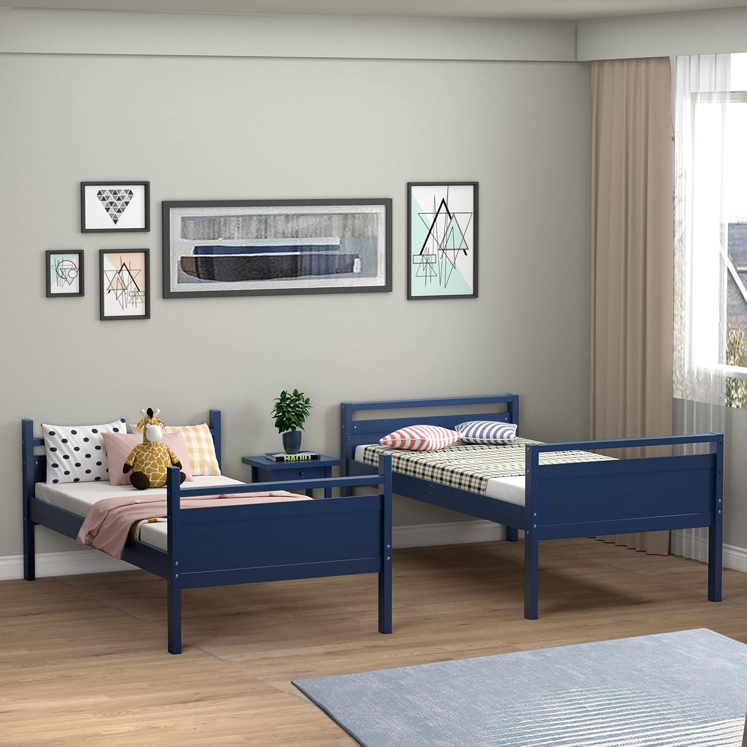DORTALA Twin Over Twin Bunk Bed, Wood Bunk Bed w/Wide Ladder, Safety High Guardrail, Solid Wood Frame, Simple Style Multifunction Convertible 2 Individual Beds for Home, Dorm, Apartment, Navy Blue