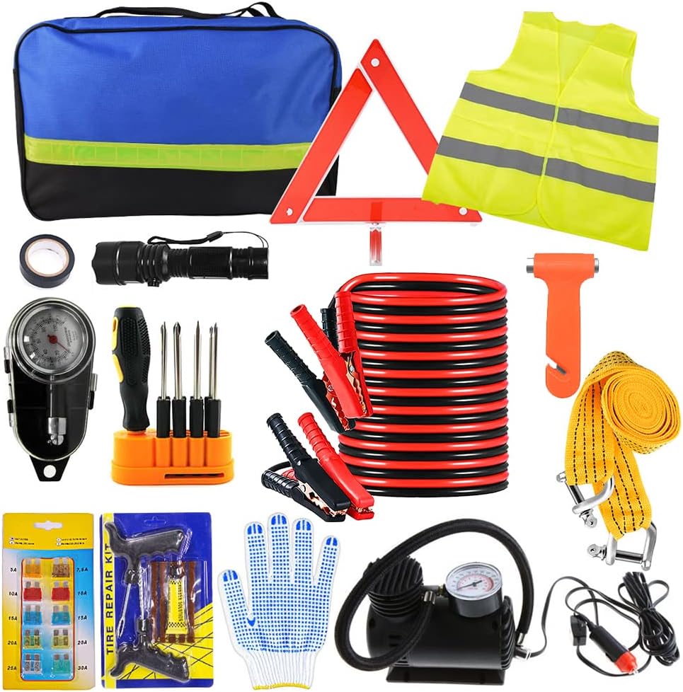 Car Emergency Kit, Roadside Assistance Auto Emergency Kit, 14-piece Tool Set Car Safety Kit with Jumper Cables, Tire Pressure, Tow Trap for Travel Camping Adventure for your Truck, Car, SUV (1)