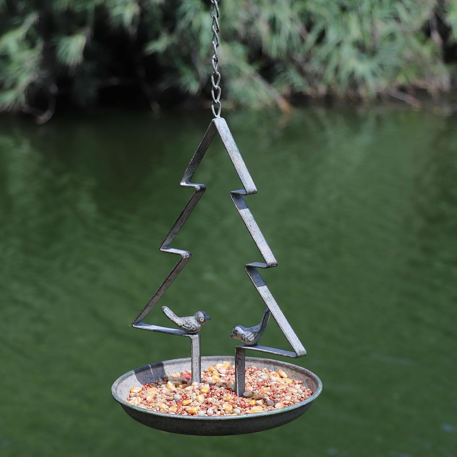 Christmas Tree Hanging Bird Feeders for Outdoors, Seed Tray for Metal Bird Feeder,for Garden Patio Decoration (Retro Green-B)