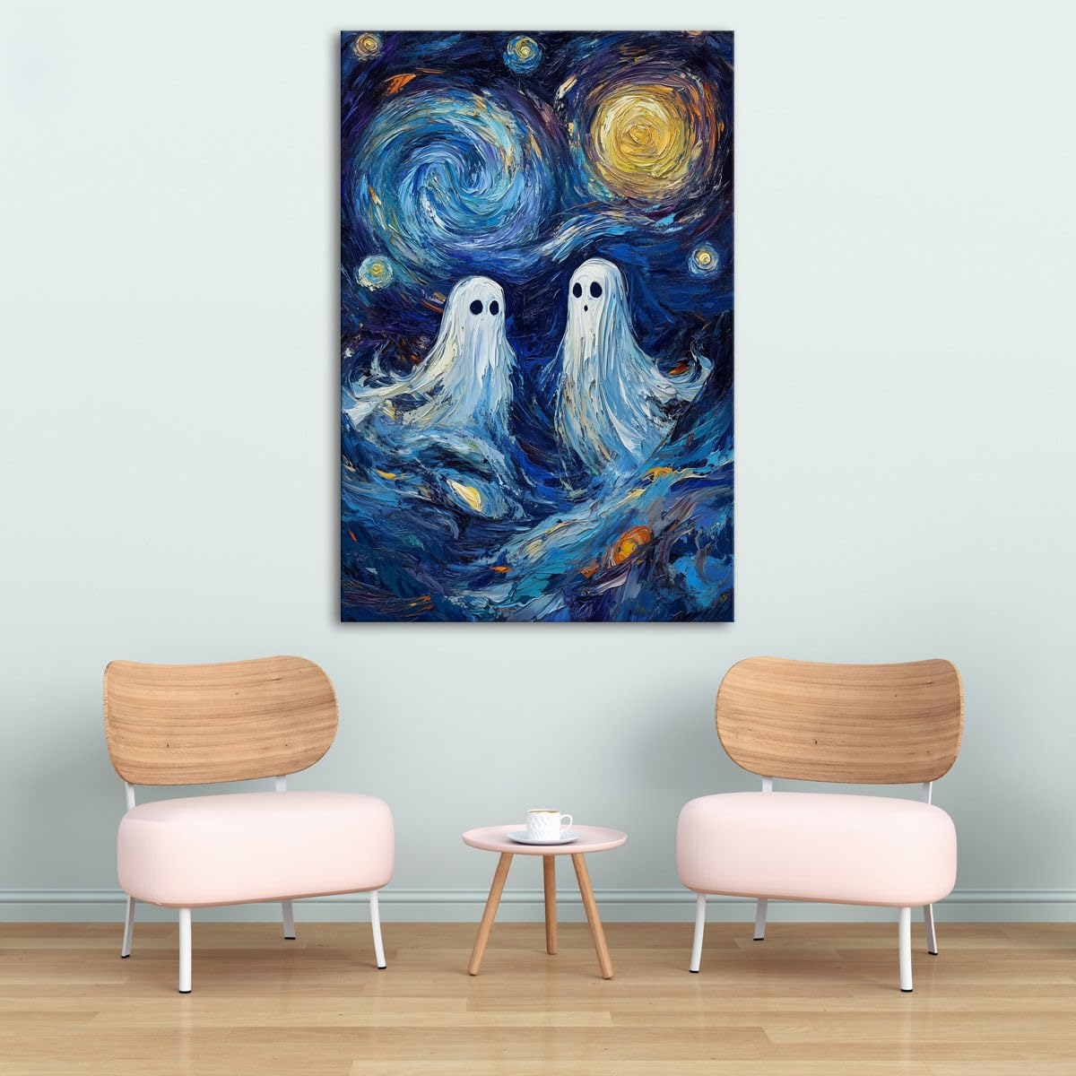 Tapiz De Halloween Fantasmas Y Luna - Decoración De Pared Gris, Tela De Poliéster