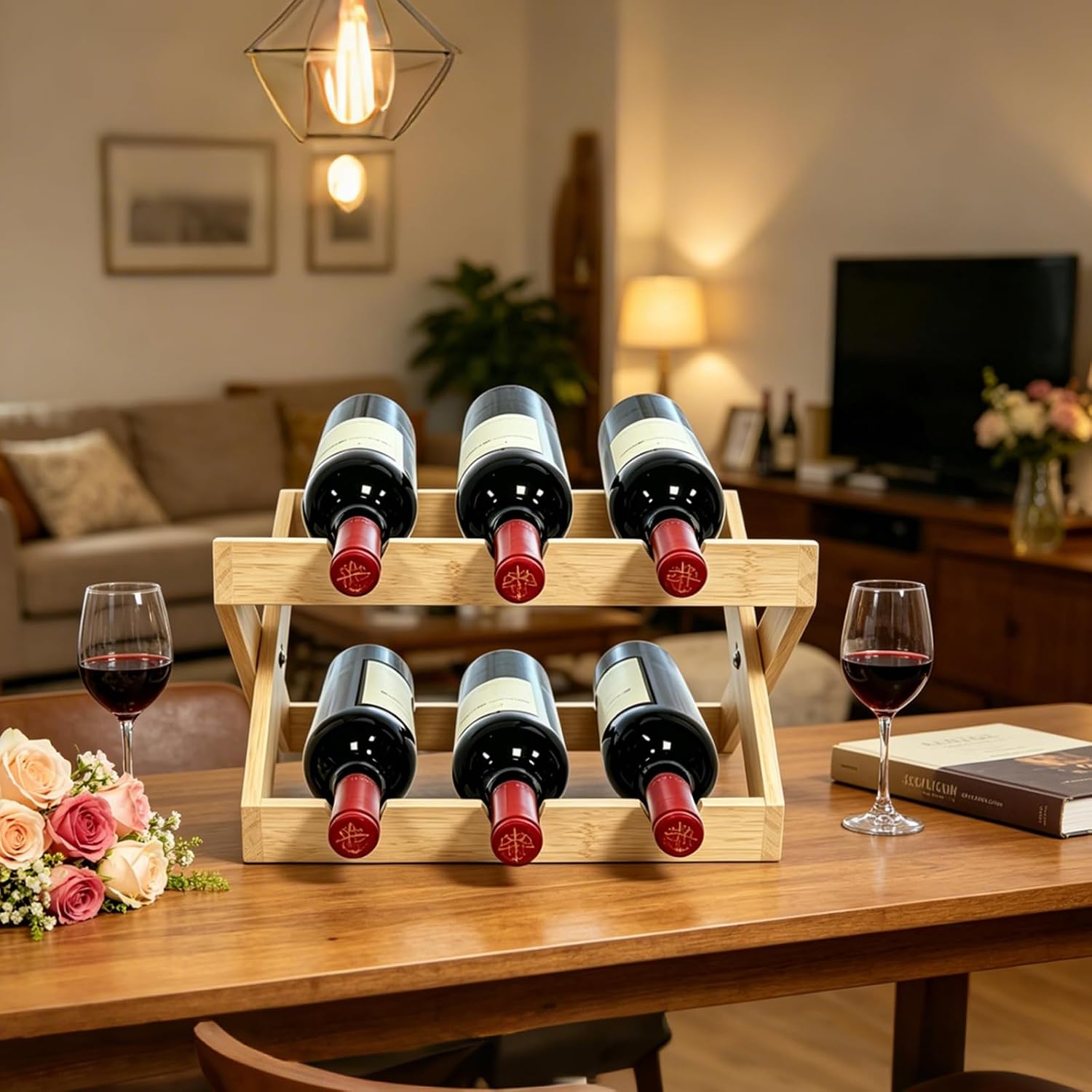 Bamboo Wine Rack for Wine Storage, 2-Tier 6 Bottles Wine Racks Countertop for Pantry, Kitchen, Bar, Foldable Liquor Bottle Display Shelf, Natural