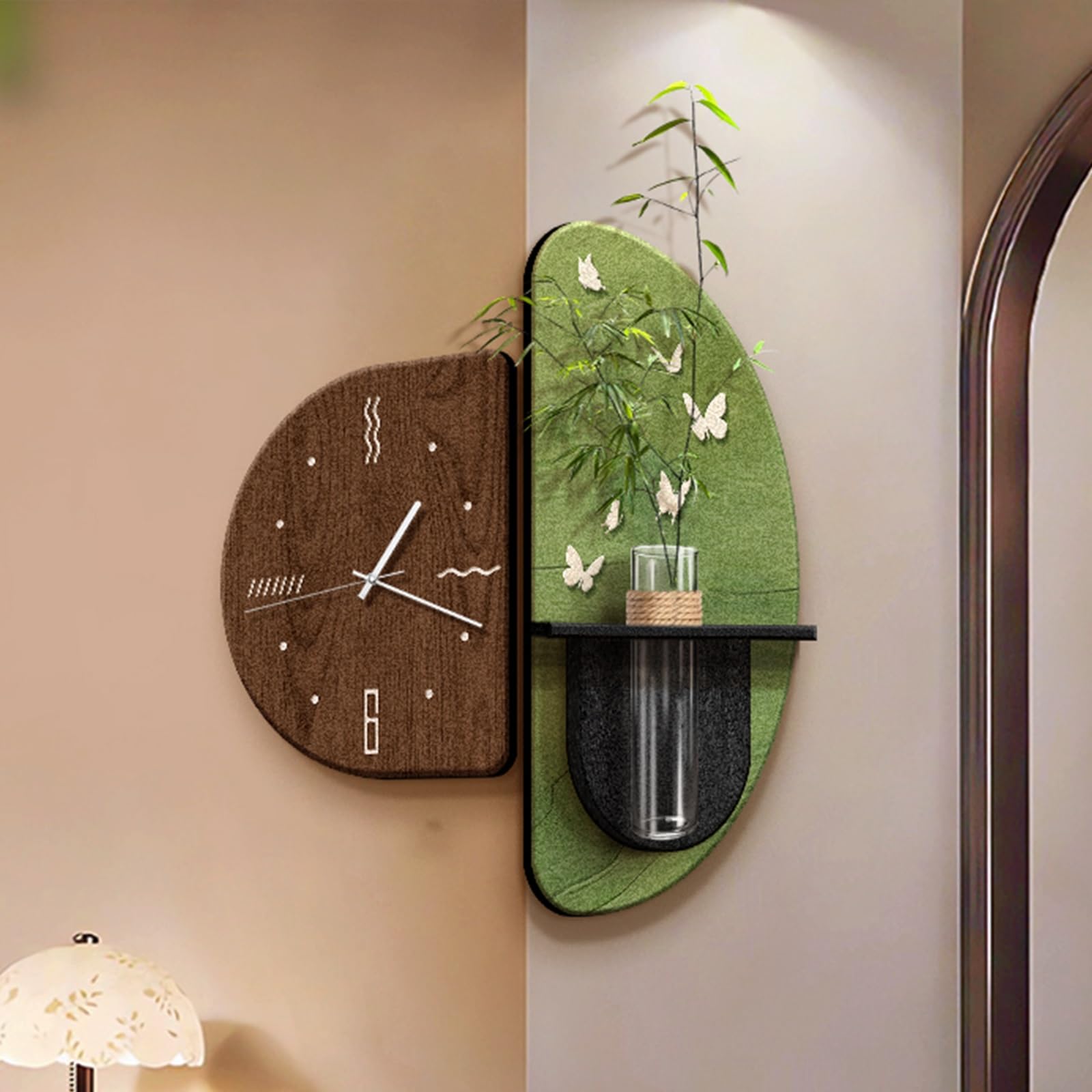 Horloge murale 3D double face moderne en grès beige avec un vase en verre