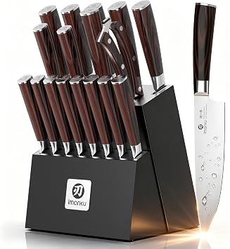 imarku 18-Piece Japanese Kitchen Knife Set with Block, Stainless Steel