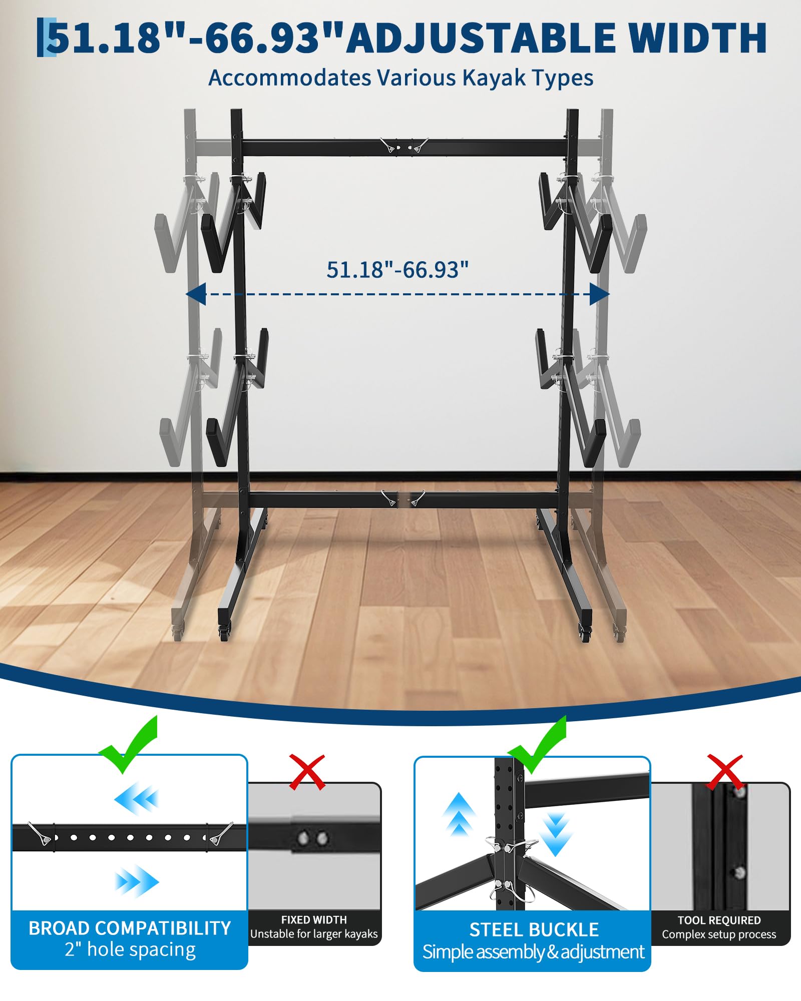 Garvee Rack de Rangement autoportant Double Face, Robuste et réglable, pour 4 Kayaks, canoës, Sup et Planches – roulettes verrouillables – Idéal Garage, abri ou Quai – Spécification : Double Face