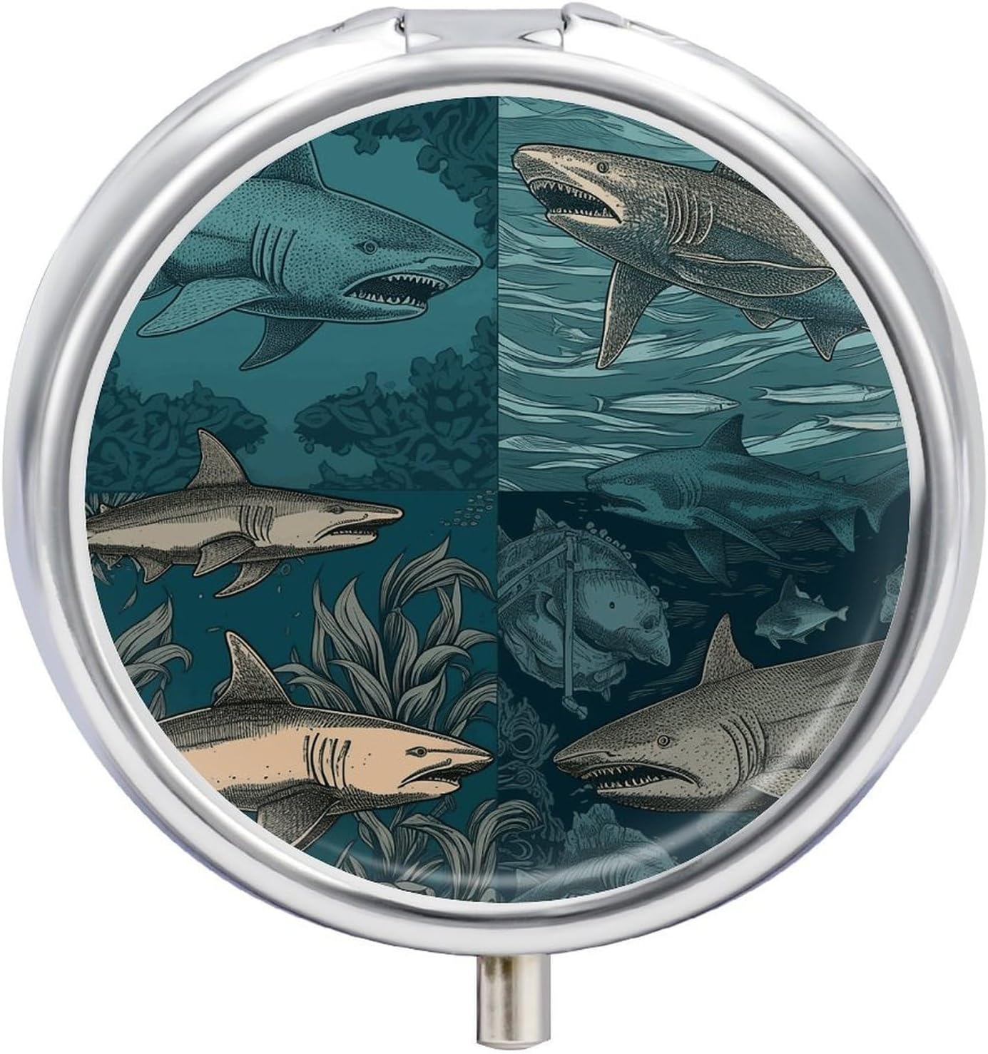 Shark Image Pill Case 3 Compartment Round Pill Box