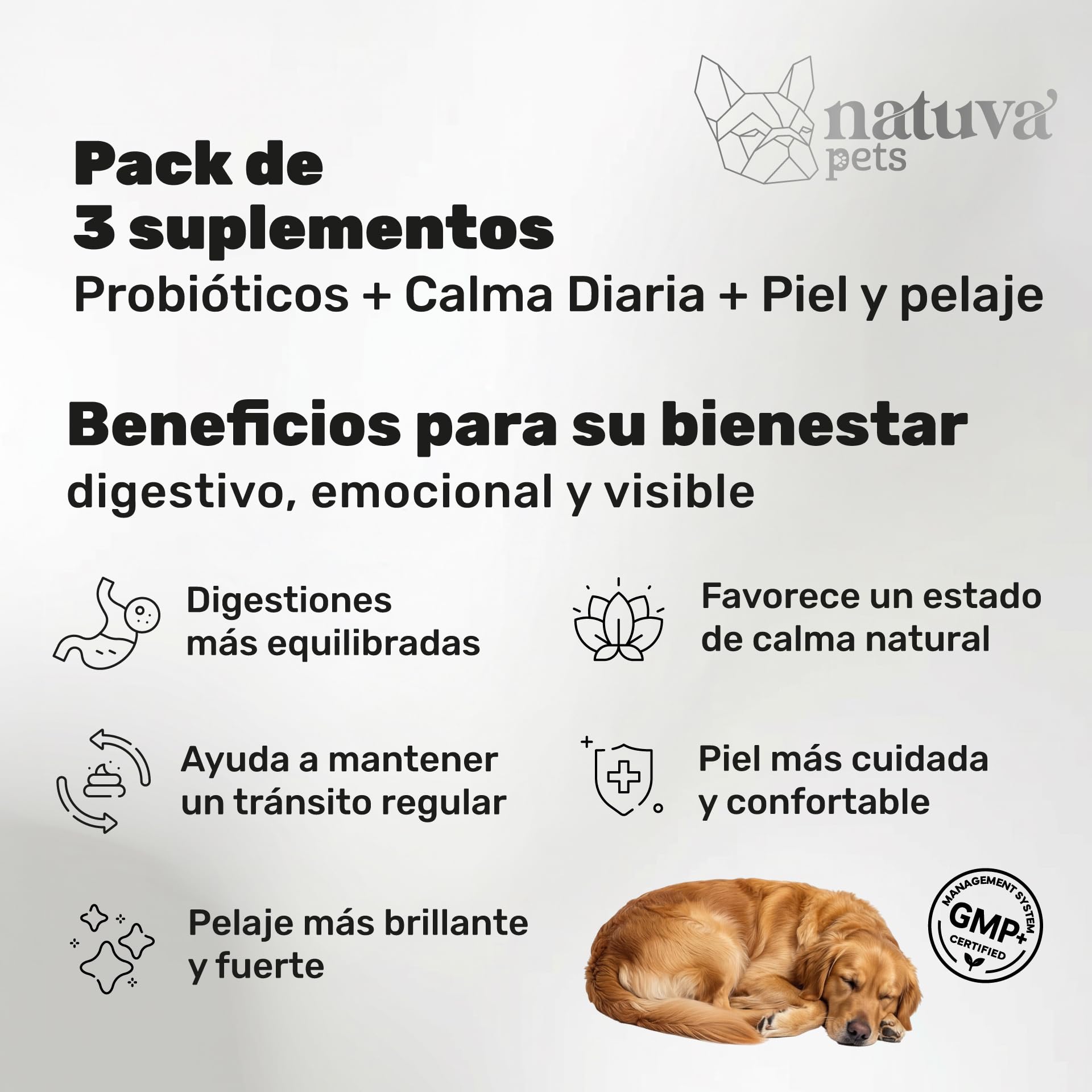 Probiótico + Calmante + Aceite de Salmón para Perros - Pack de Suplementos para Digestión, Flora Intestinal, Estrés, Ansiedad, Piel y Pelaje - Natuva Pets