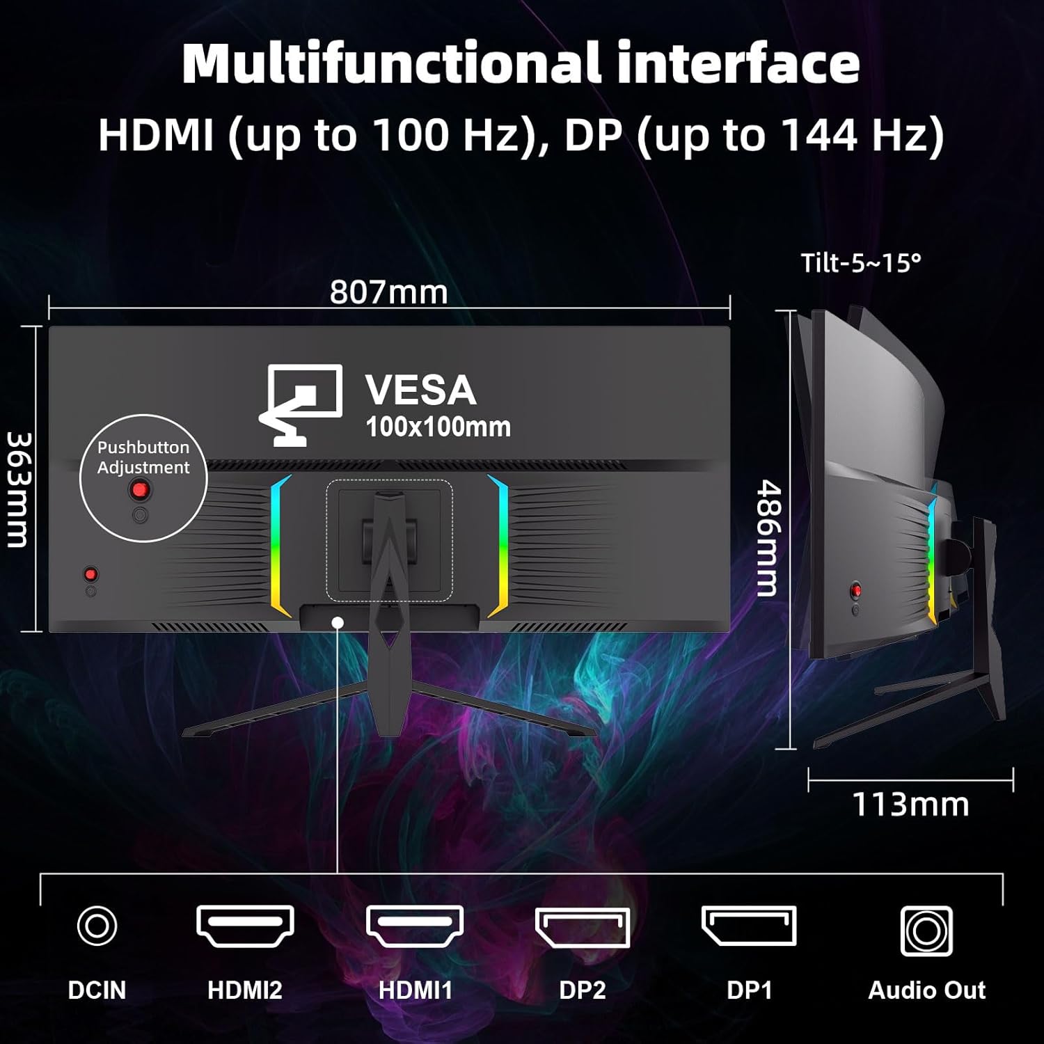 34 Inch 4K Curved Gaming Monitor, (3440x1440 ) 165Hz Ultrawide Computer Monitor, HDR, 1500R, 125% sRGB, DCI-P3 92%, HDMI/DP and Built-In Speaker Support Wall- Black - Image 8