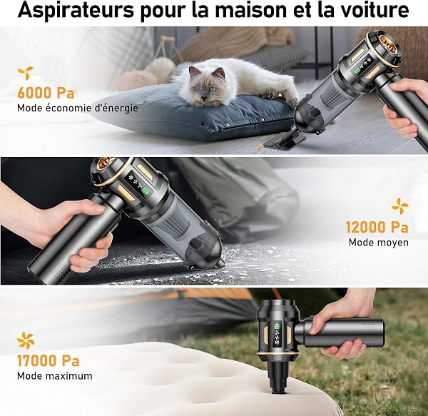 Aspirateur à Main, 17000Pa 4 en 1 Aspirateur sans Fil avec Vidage Automatique 1 Touche, Moteur sans Brosse, Mini Aspirateur, 3 Niveaux d'aspiration pour la Voiture, Maison, Poils d'animaux - 3