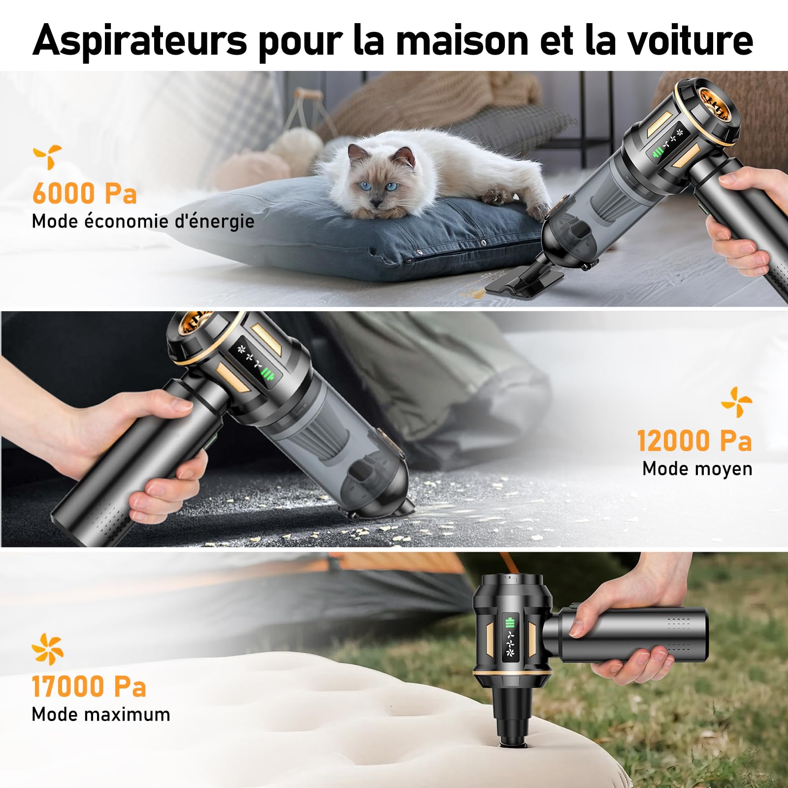 Aspirateur à Main, 17000Pa 4 en 1 Aspirateur sans Fil avec Vidage Automatique 1 Touche, Moteur sans Brosse, Mini Aspirateur, 3 Niveaux d'aspiration pour la Voiture, Maison, Poils d'animaux - 3