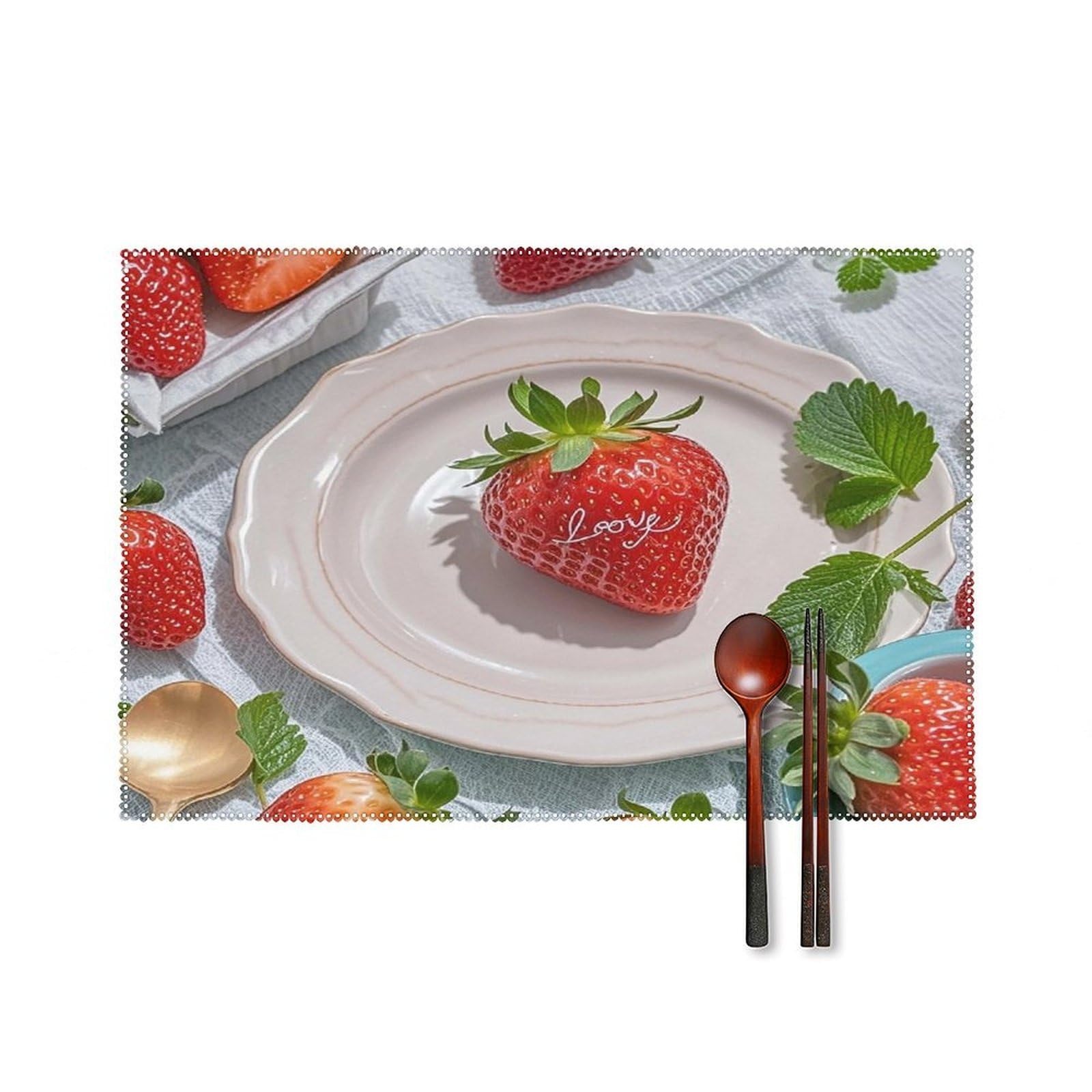 Beautiful Strawberry Placemats Set of 6 Washable Farmhouse Dining Table Mat Non Slip Heat Resistant Non-Slip Place Mats Easy Clean Table Protective Placemats for Indoors & Outdoors