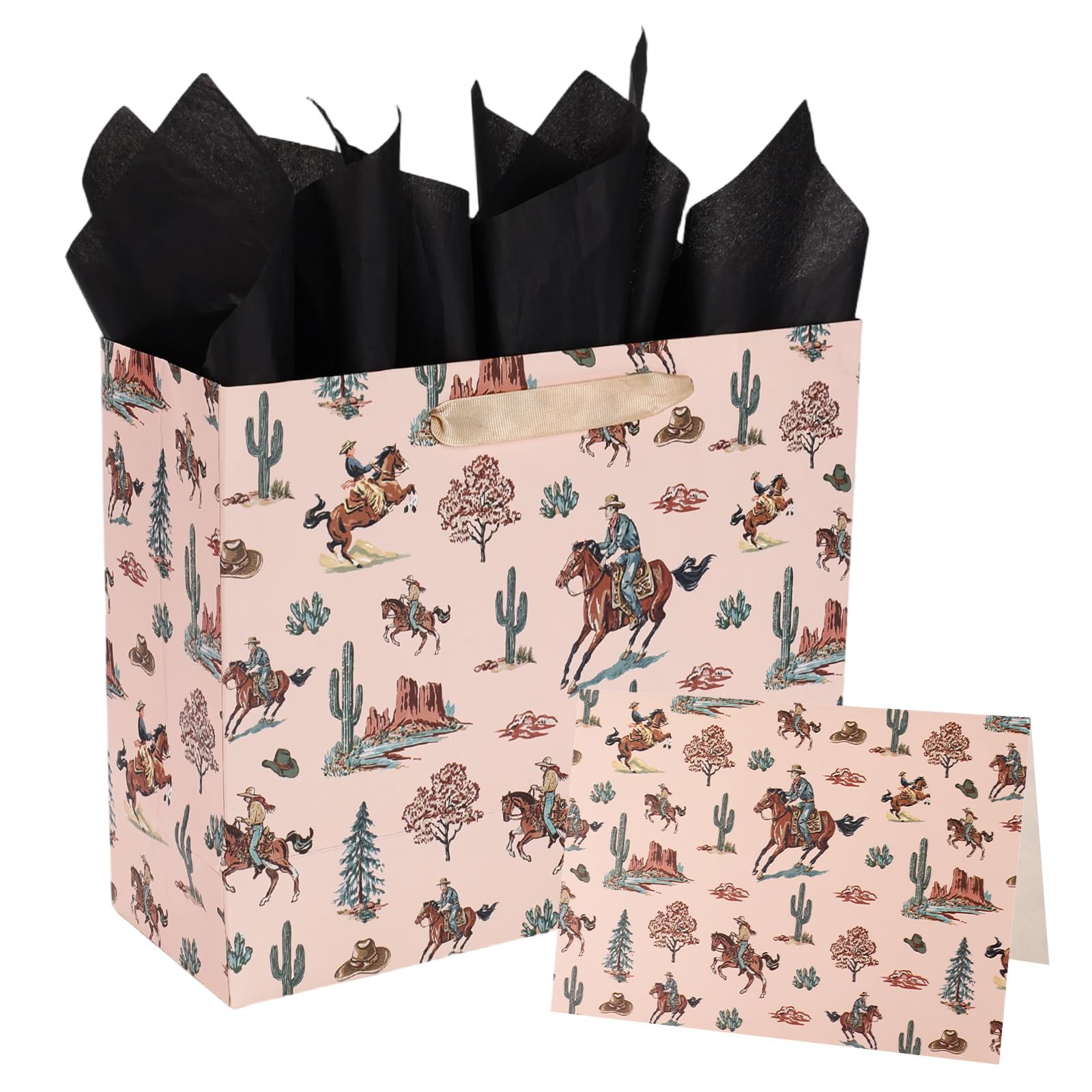 Fukaisu Cowboy Gift Bag, Western Cowboy Theme Party Favor Horse Bags with Tissue Paper Card & Envelop for Cowgirl Birthday Decorations Rodeo Wild West Supplies Goodie Candy