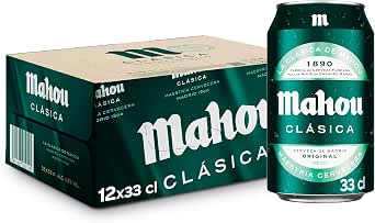 Mahou Clásica, Pack 12 Latas x 33cl, Cerveza Dorada Lager, Auténtica Cerveza Mahou Con Sabor Suave, Refrescante y Con Espuma Consistente, 4.8% Vol. Alcohol