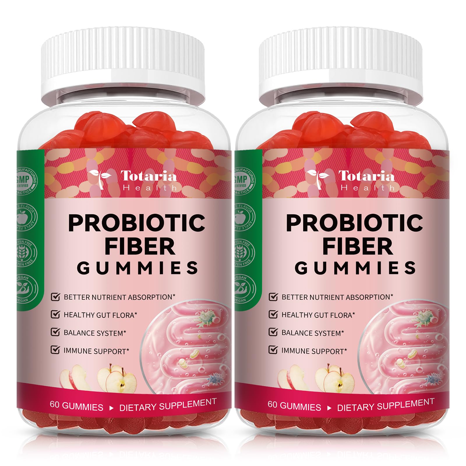 9-in-1 Sugar-free Probiotic Fiber Gummies for Adults Teens, Apple 2 Bottles Apple 60 Count (Pack of 2)