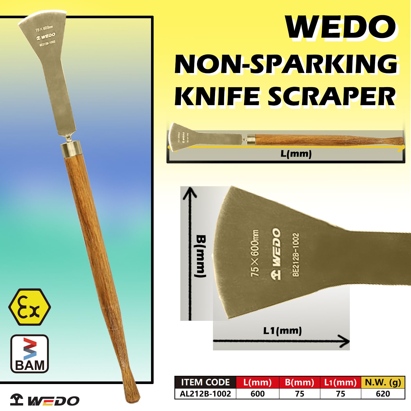 WEDO Raschietto ad arco non scintillante,Lama raschiatore pavimento 75x75mm,Lunghezza 600mm,Coltello stucco in bronzo alluminio,Spatola raschiatore senza scintilla,Certificato BAM/FM, Ampiamente usato