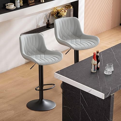 Set of 2 Modern Bar Stools, Adjustable Swivel Counter Height