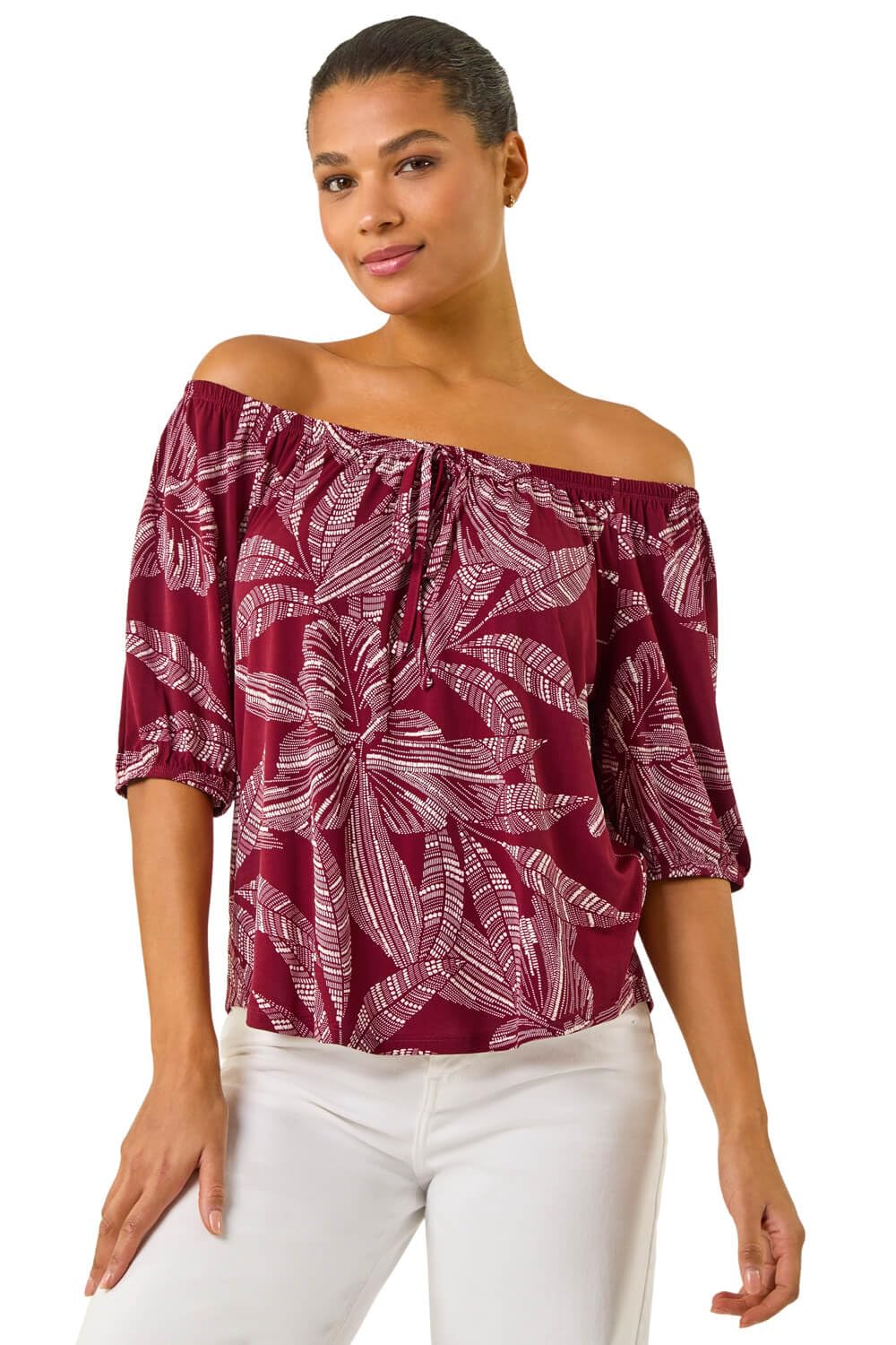 Roman Bardot Top Off Shoulder Blouse for Women UK - Ladies Floral Print Shirt Palm Leaf Tropical Ditsy Cold Shoulder Jersey Frill Cuff Summer Spring Holiday