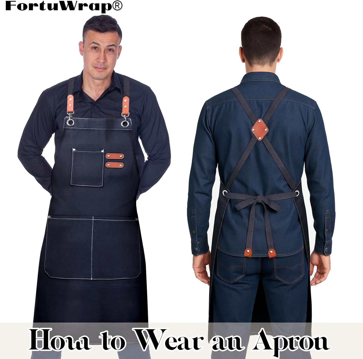 Chef Apron for Men Women with Pockets,Cross Back Cotton Canvas Plus Size Apron for Cooking BBQ Baking Gardening - Image 4