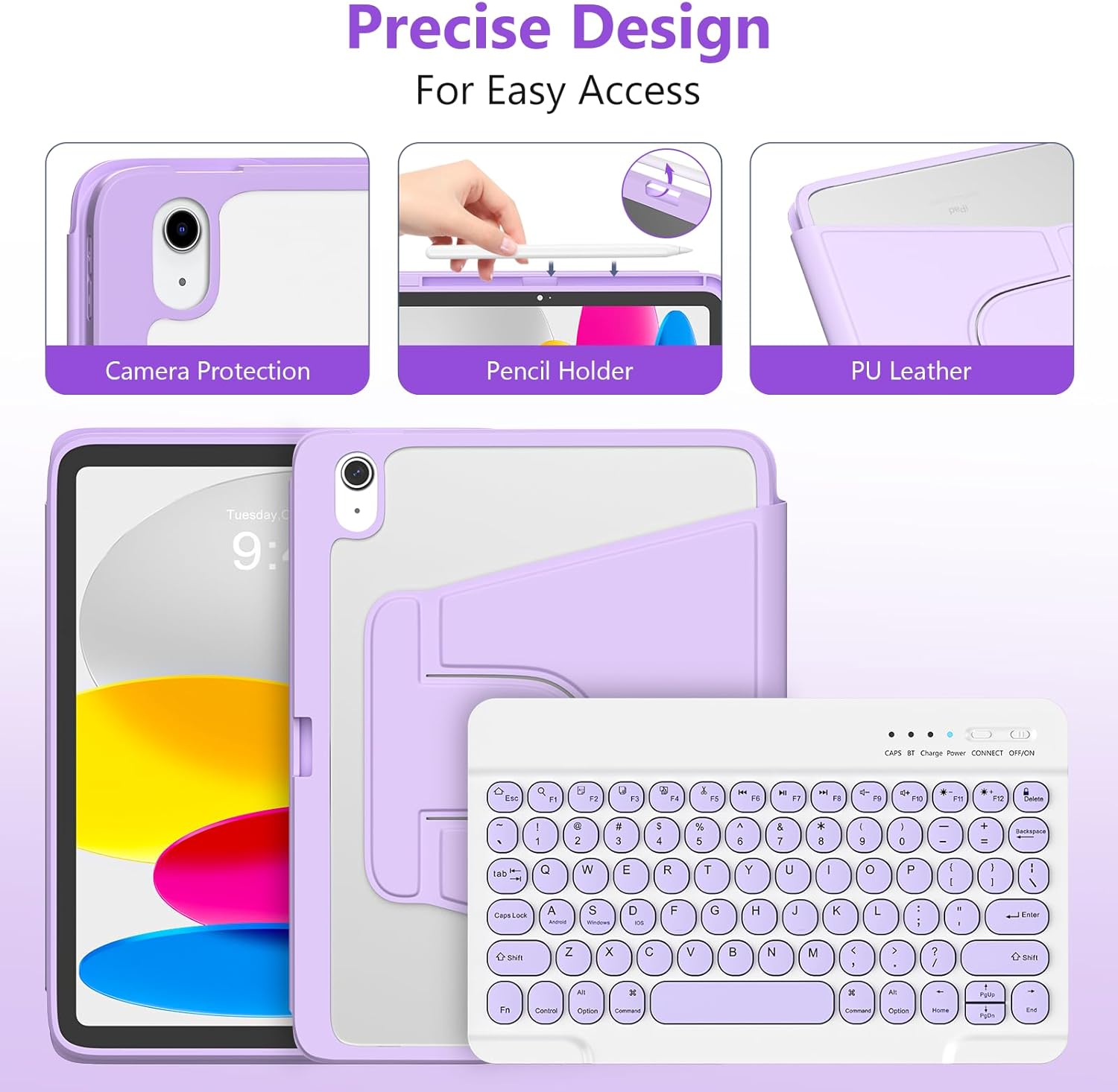 besky Keyboard case for iPad A16 11th 10th Generation 11/10.9 inch, Detachable Keypad，360 Rotatable Magnetic Cover with Pencil Holder for iPad 11 2025 10 Gen 2022 - Light Purple