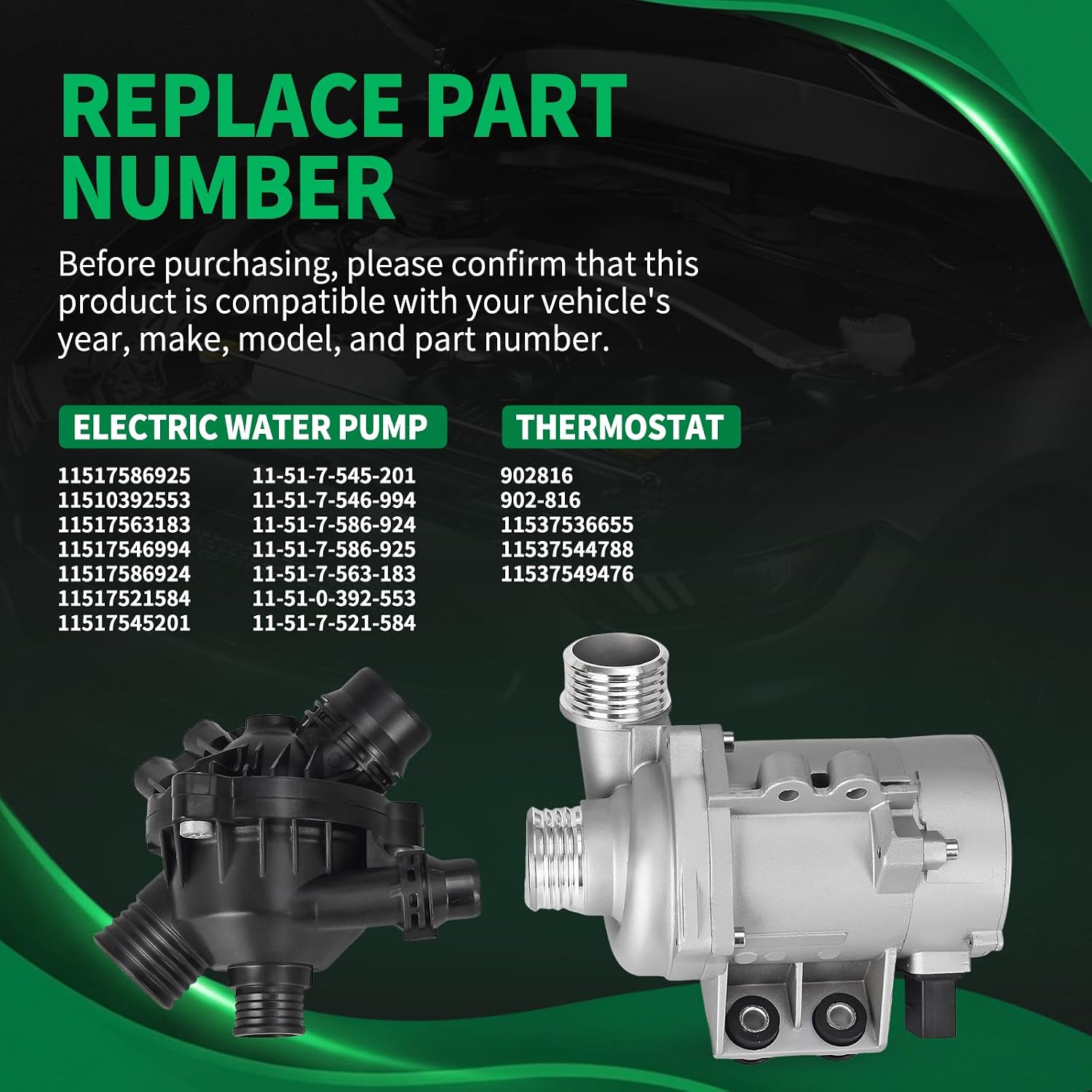 Electric Engine Water Pump and Thermostat Set for BMW X3 Z4 128i 328i 328i xDrive 328xi 525i 525xi 528i 3.0L L6 2006–2011 Replace 11517586925 11537536655