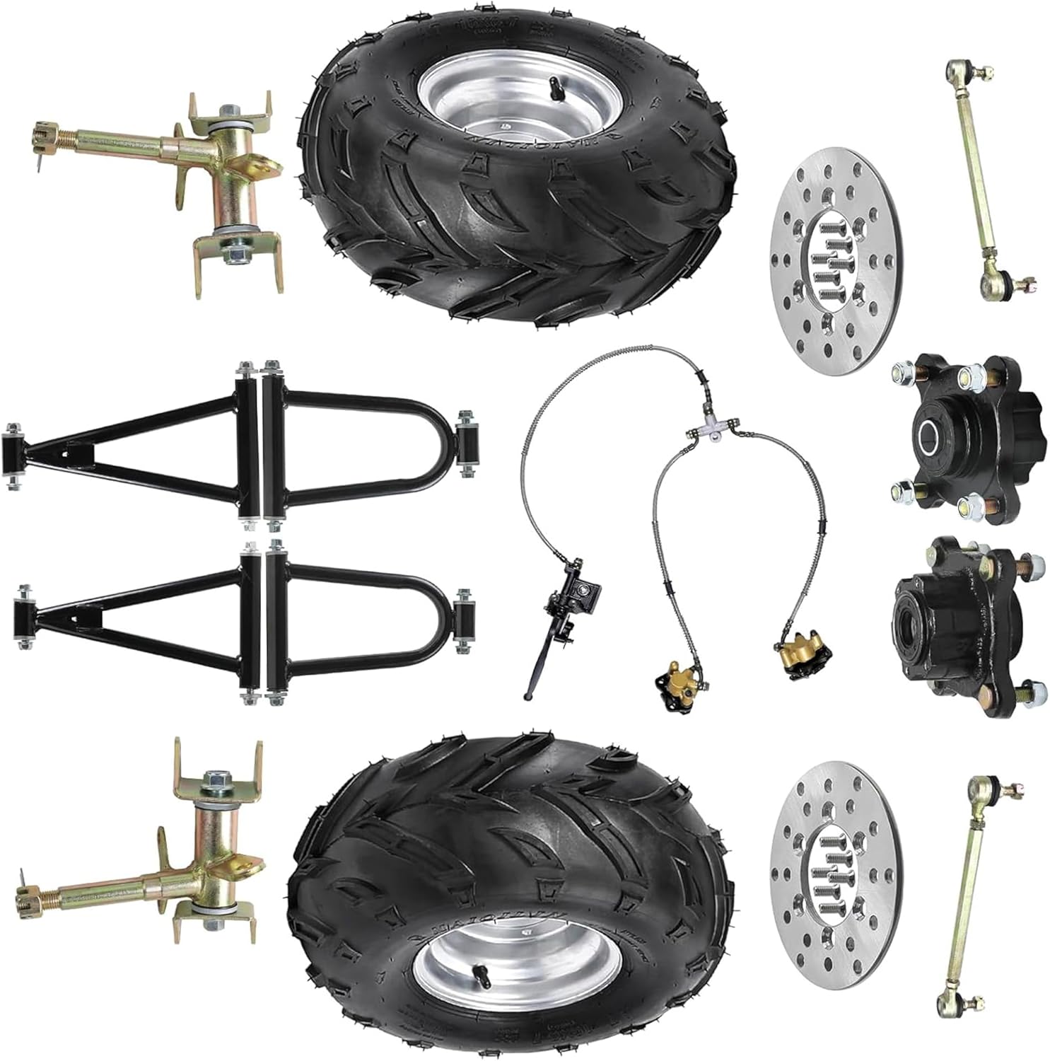 Complete 16x8-7 ATV Wheels and Tires,Front End Kit with Tires & Go Kart Suspension - 4 Stud Wheel Hubs, Brake Caliper, Swing Arms, Steering Spindles for Go Kart, UTV, Quad, Buggy, Mini Bike
