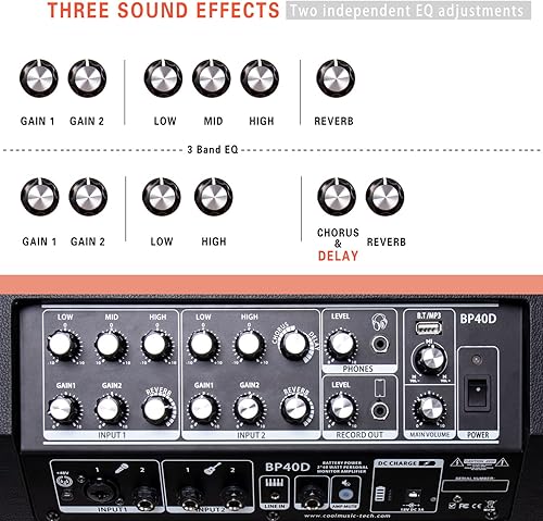 Miniatura 6 de Coolmusic Amplificador de guitarra acústica con alimentación BP40D, altavoz Bluetooth portátil de 80 W con batería con efecto de retardo de coro