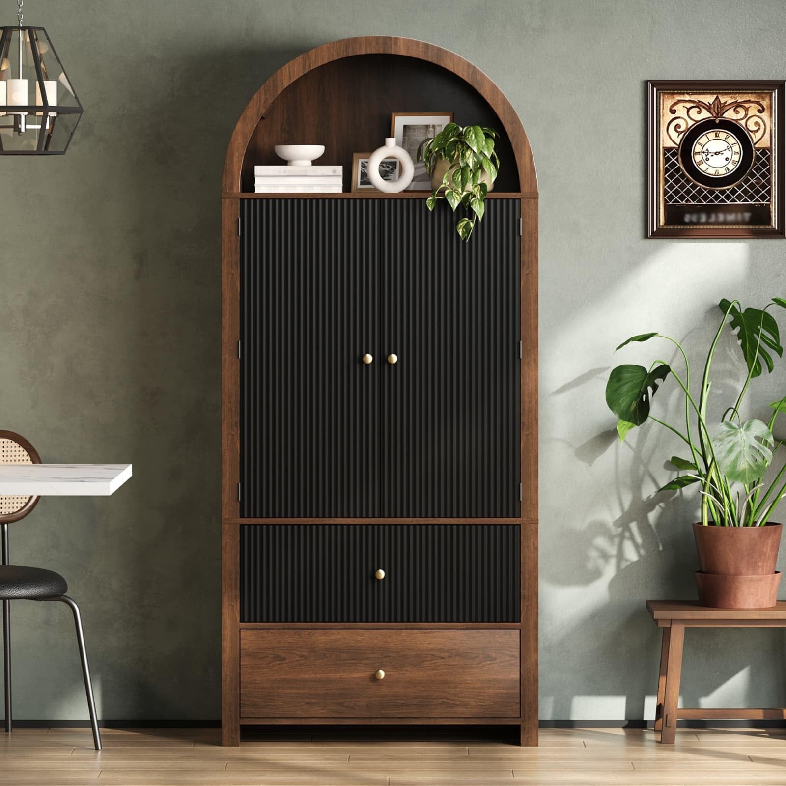 KOMHTOM Armoire de Rangement Haute, Armoire en Bois, Meuble de Rangement, Conception avec Dessus Incurvé, 3 Tiroirs, 2 Portes, pour Cuisine et Salon (Noir+Naturel)