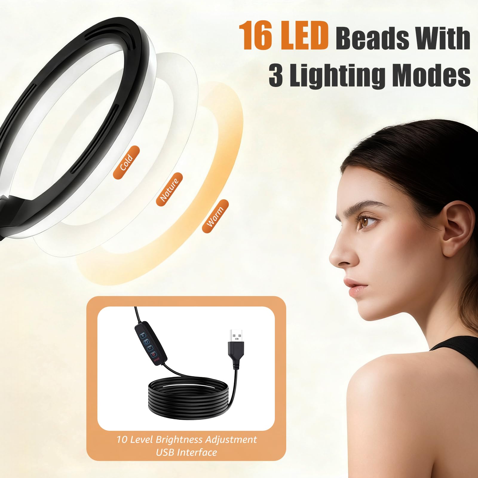 Treppiede per telefono cellulare con LED Ring Light (26 cm), alimentato tramite USB, 3 modalità di colore, Ring Light anello luce girevole a 360° per fotocamera, trucco, trasmissione in diretta
