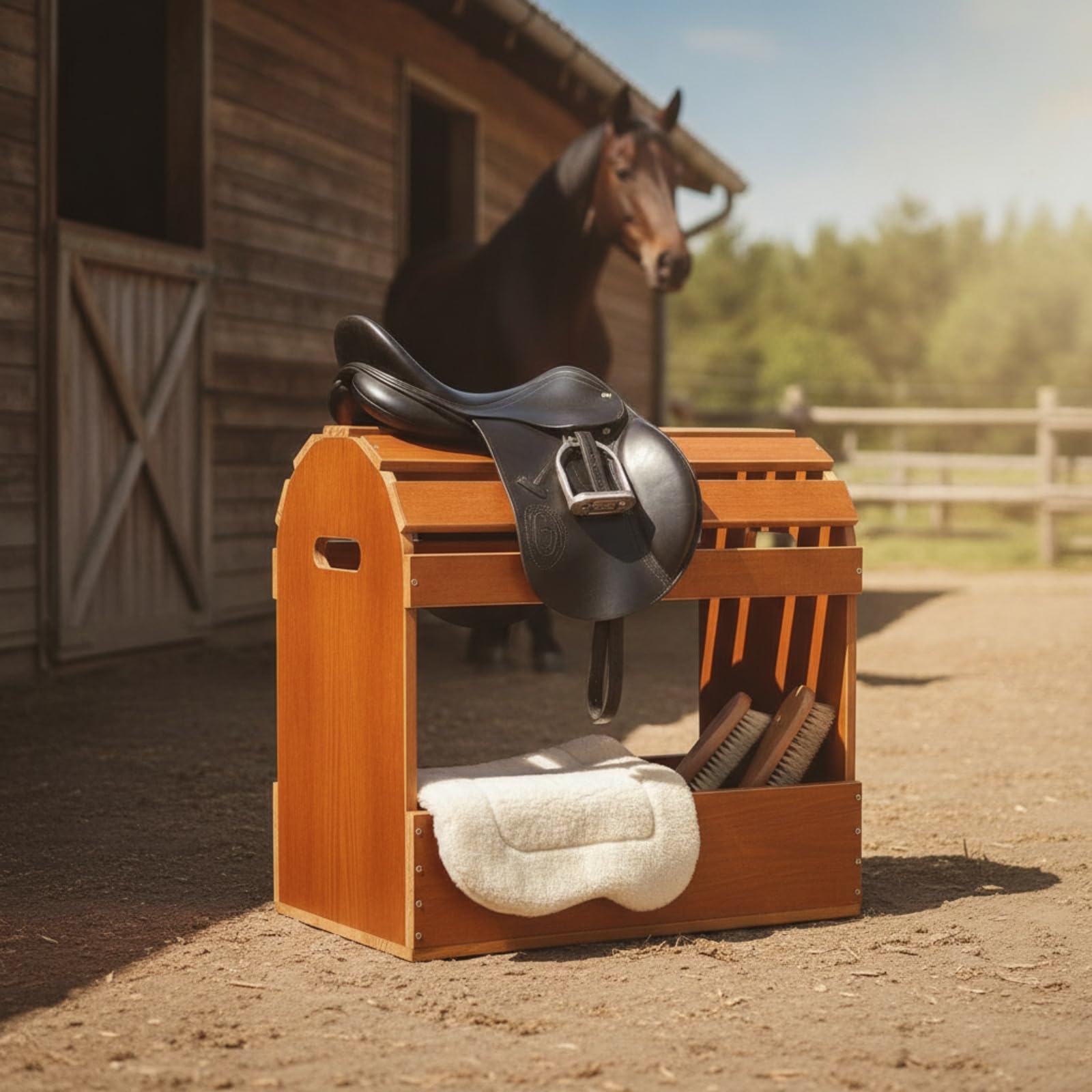 Amagogo Soporte para Montura Organizador Soporte Estante Perchero Caballo con Madera Natural Resistente y Lateral Curvo Que Zona Frontal Abierta y Panel