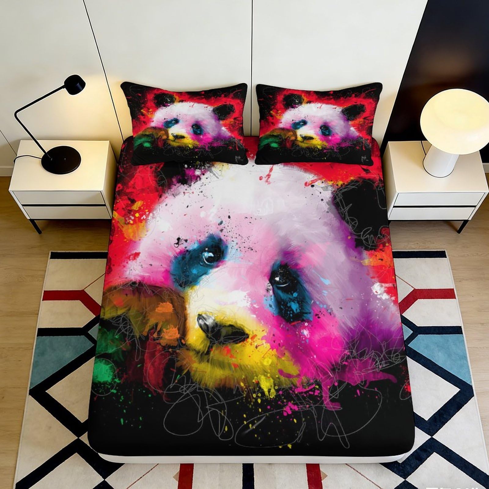 3D Printed Colorful Panda Fitted Sheet Microfiber Bedroom Decor Artistic Splash Bed Cover Dorm Protection 90x200x25cm