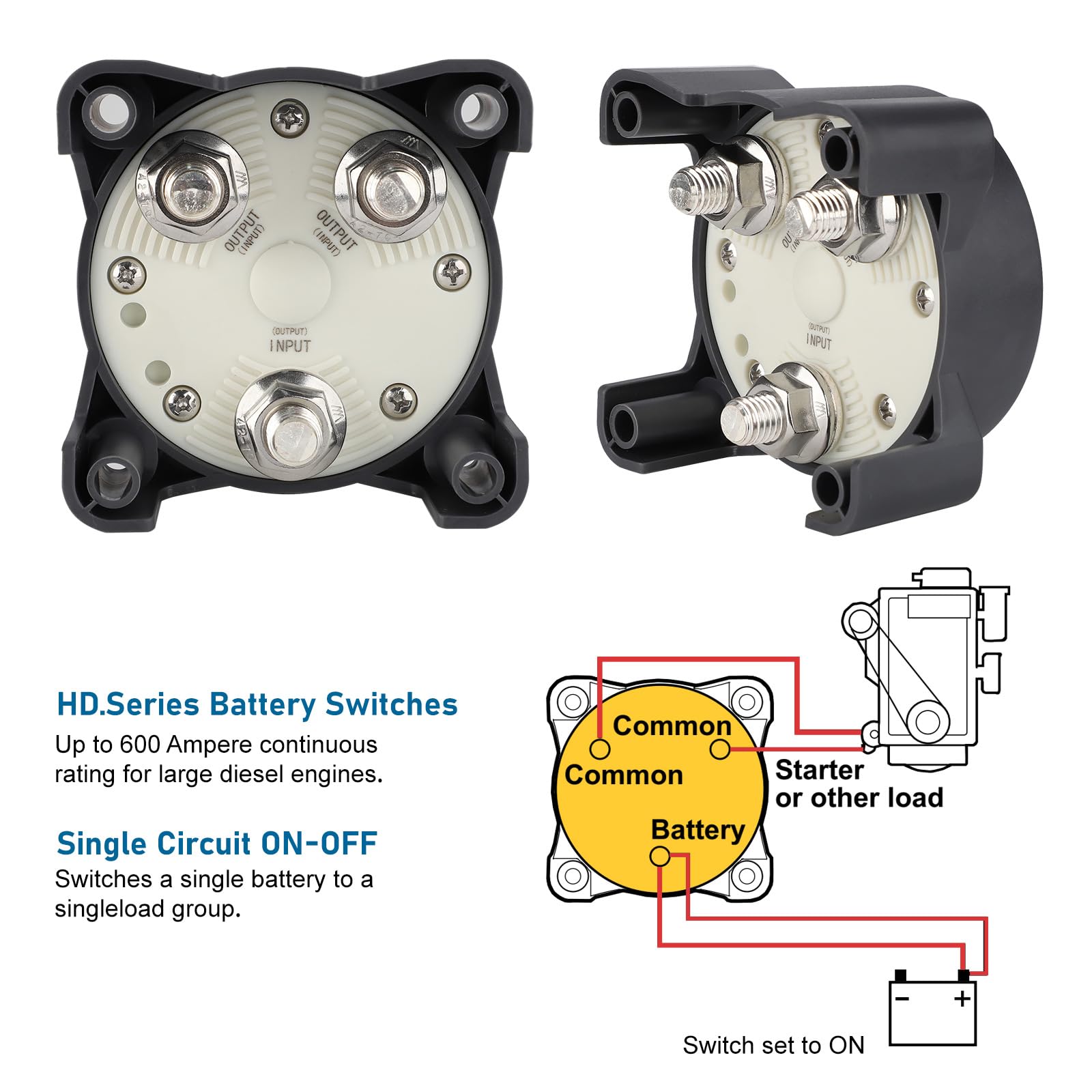 Interrupteur marche/arrêt de batterie 600 A - Isolateur de circuit unique - Étanche IP66 - 3 goujons pour camping-car, bateau
