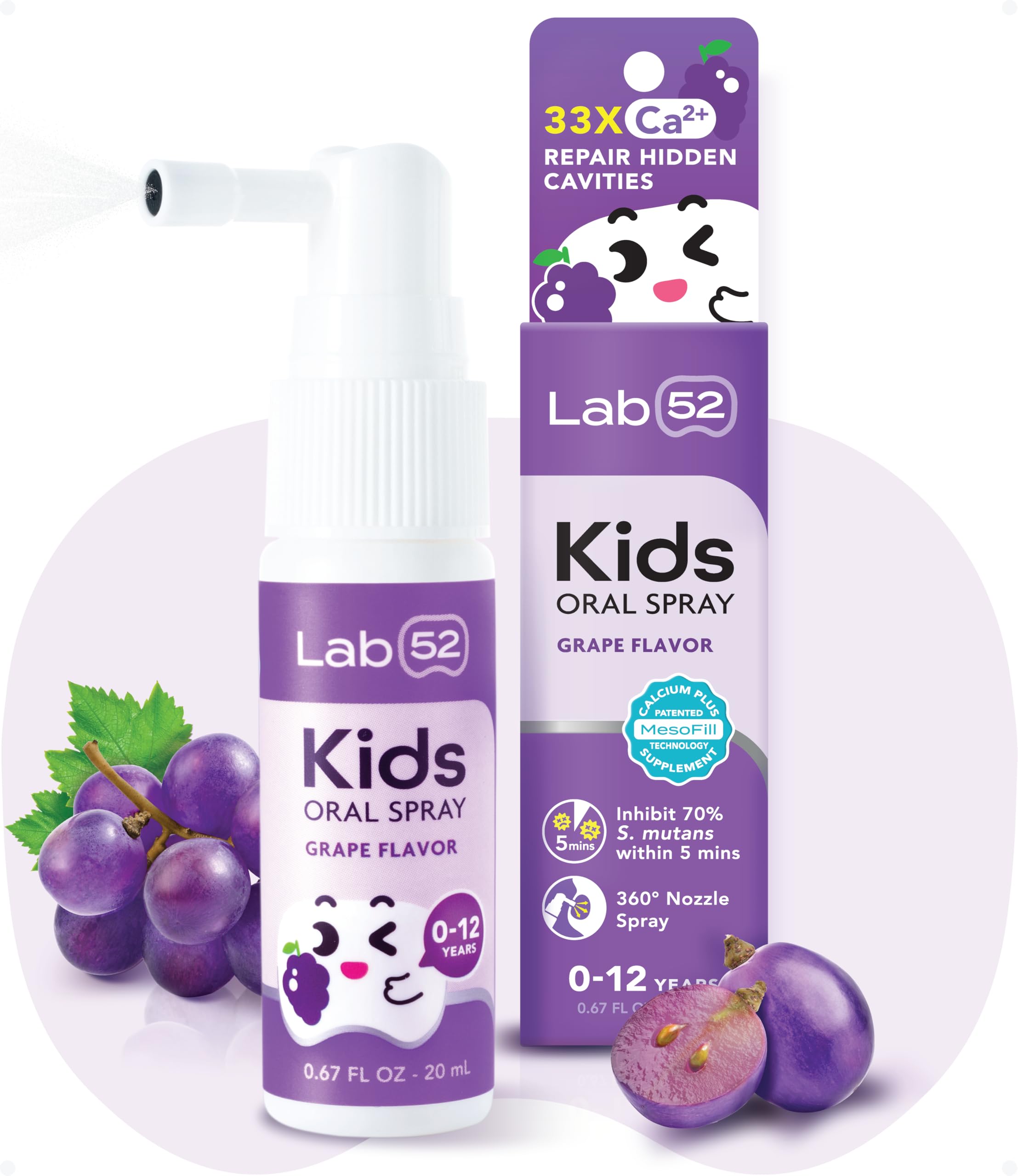 LAB 52 Kids Oral Spray, Toddler Toothpaste Helper for Cavity Repair and Fresh Breath, Children Anticavity with Fluoride Free for Newborn to Preschoolers, Xylitol Grape Flavor