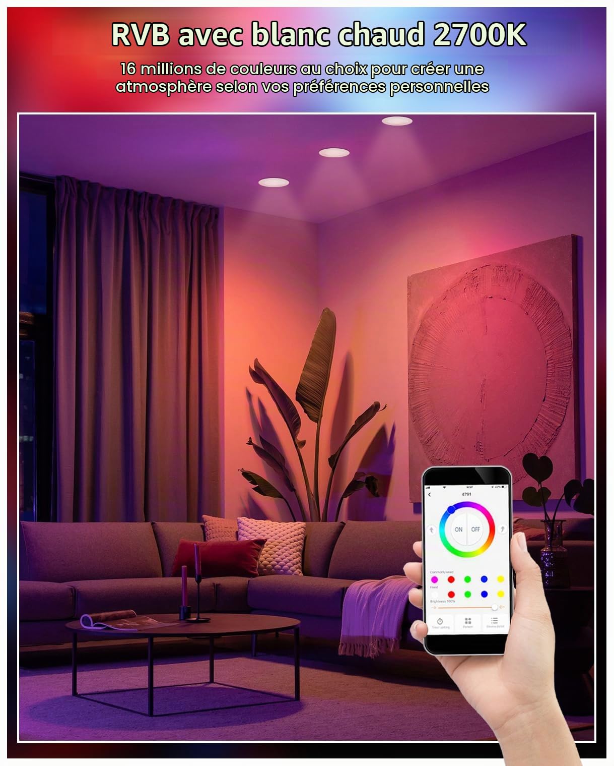 Spot LED Encastrable Dimmable Alexa, 6 x 10W RGB Smart Bluetooth Spot Encastrable LED Multicouleurs Blanc Chaud 2700K 1000LM, Des spot LED Extra Plat Pour de Nombreuses Scènes, Contrôle APP