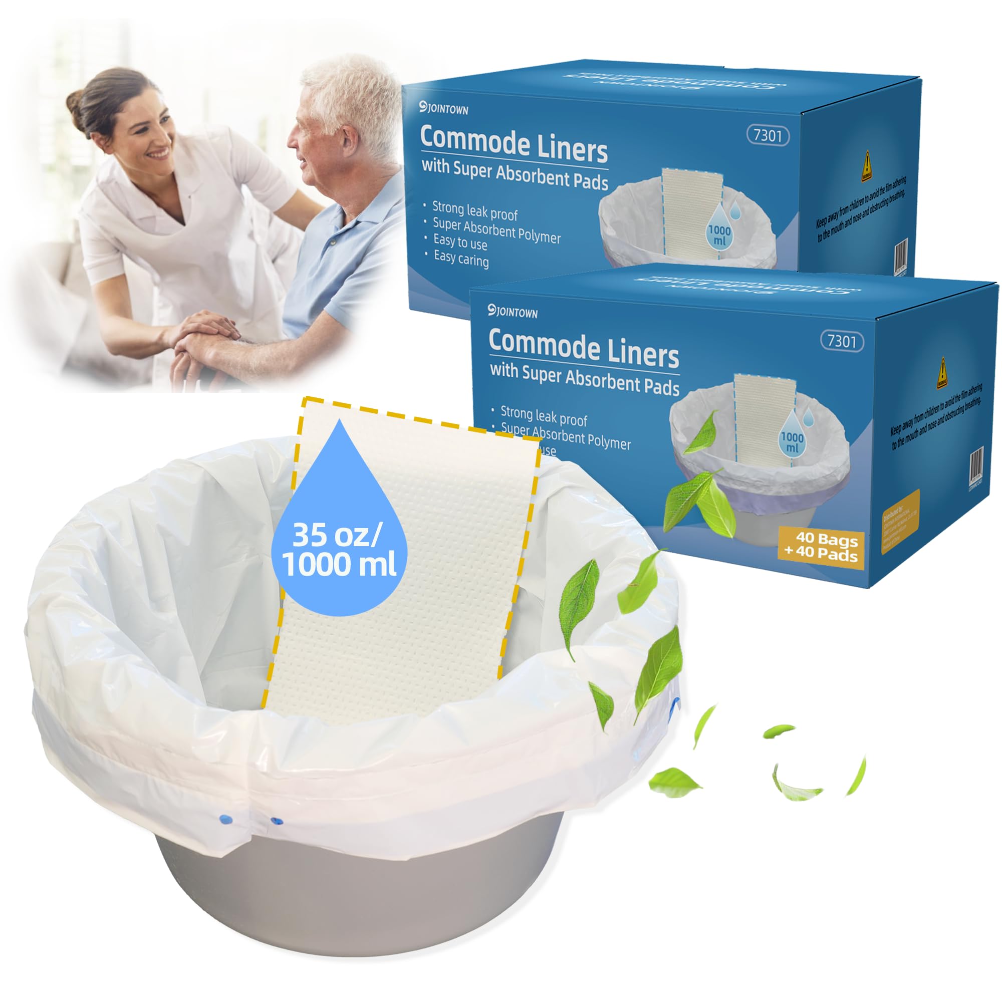 Jointown Bedside Commode Liners with Super Absorbent Pad 80 Pack-Disposable Bags for Portable Toilet Bucket and Bedpan, Universal Fit All Standard Potty Chair, Camping Toilet Bags(80Liners+80Pads)