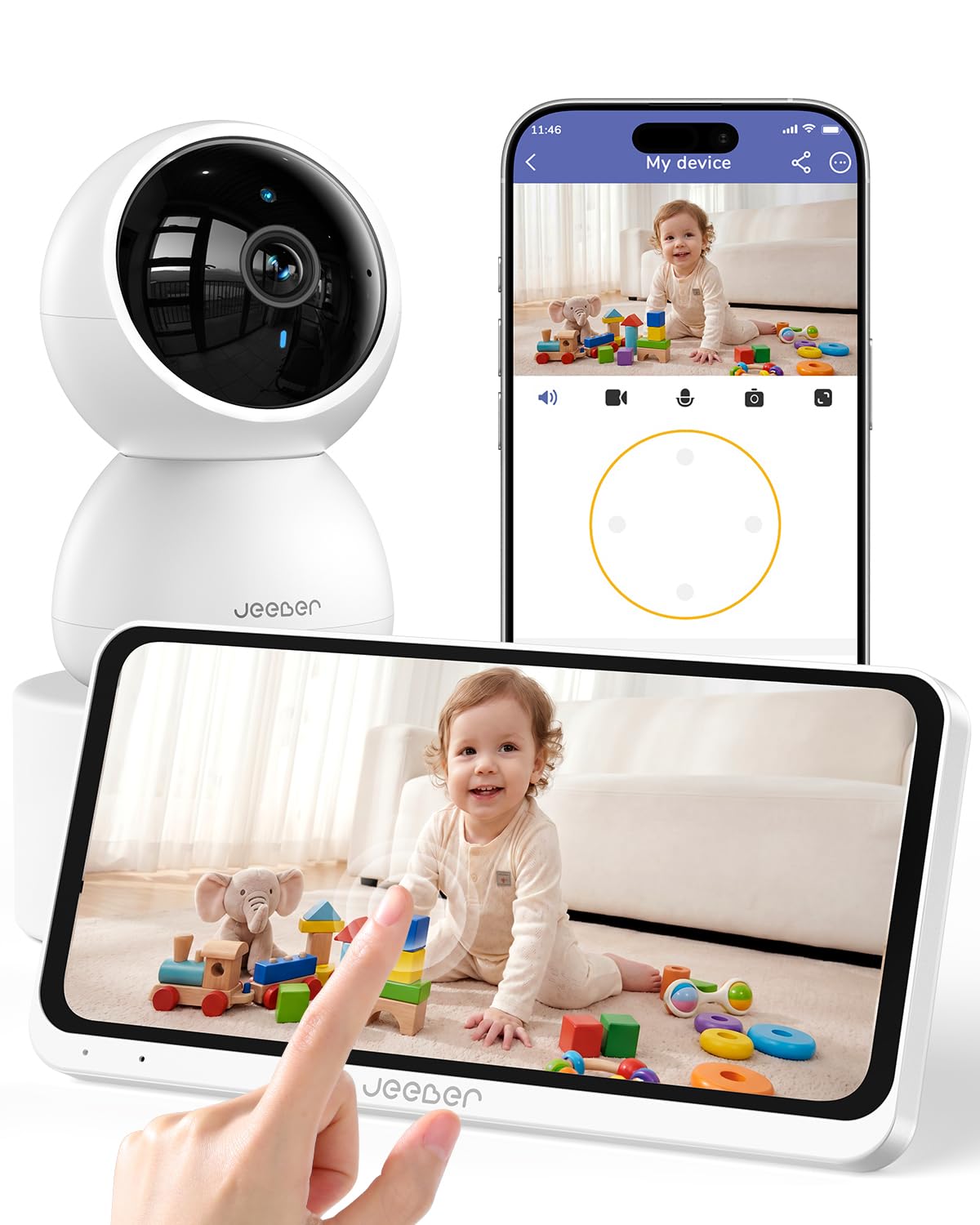 jeeber 6.5'' Touchscreen Baby Monitor With APP Remote Control,4MP Pan-Tilt Camera,Motion & Cry Detection, Night Vision, VOX Power Saving Mode,Two-Way Talk,Temperature Sensor, 5X Zoom 2.4GHz Wifi
