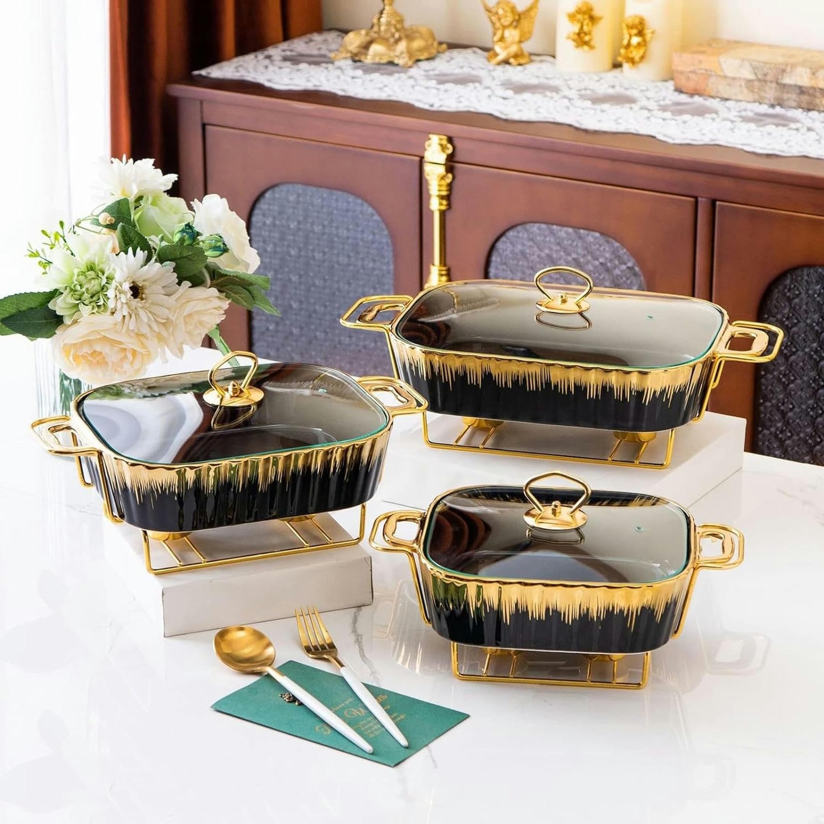 Scaldavivande In Ceramica, Rettangolare Sotto Smalto Di Dimensioni Standard E Scaldavivande Per Buffet Con Coperchio In Vetro, Vassoio Scaldavivande Per Matrimoni, Feste E Banchetti, Bianco 1,5 L, Ne