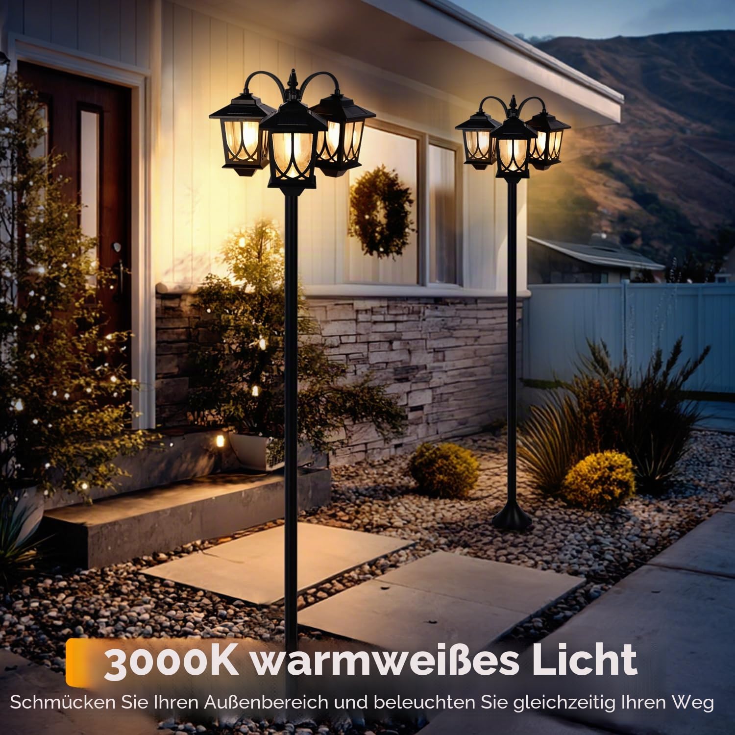 3-Kopf-Solarlampe Pfostenleuchte, 185,4 cm, Solarleuchten für den Außenbereich, wasserdicht, 60 lm, 3000 K, Wegeleuchten für Garten, Rasen, Hof