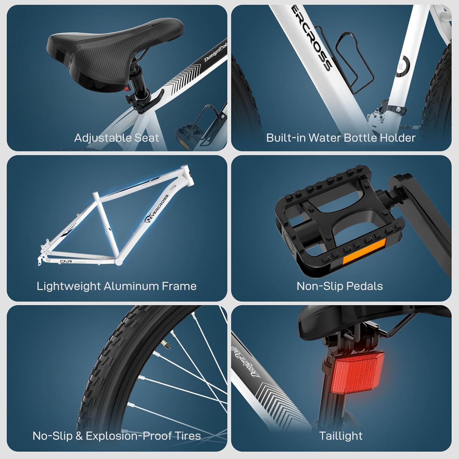 Detaillierte view of the white lightweight aluminum frame of the EVERCROSS EM3 mountain bike, along with other components like pedals, seat, and tires.