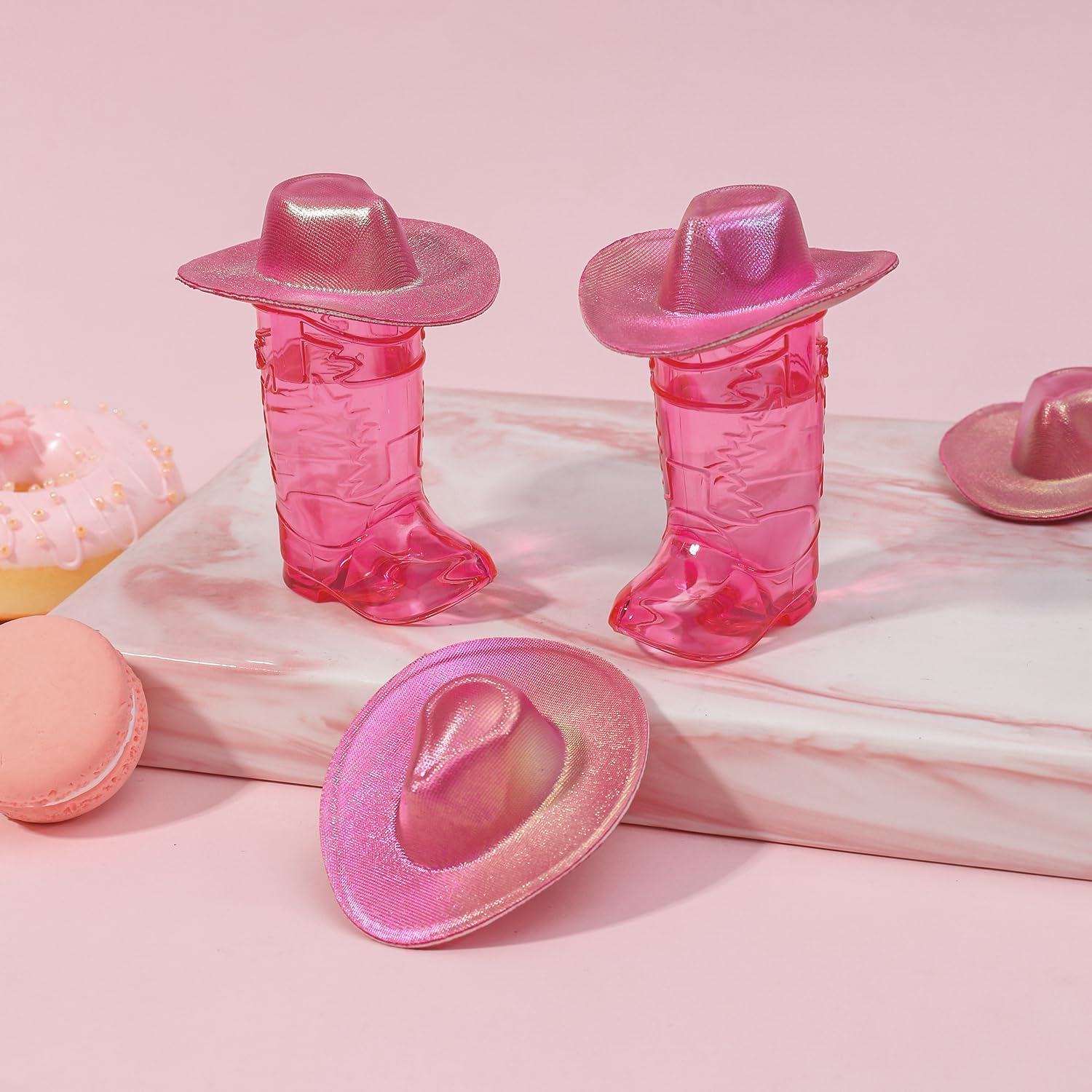 Artlunar 6 Pcs Pink Cowboy Boot Shot Glasses with Mini Cowgirl Hats, 1 oz Plastic Western Party Favors for Bachelorette Birthday