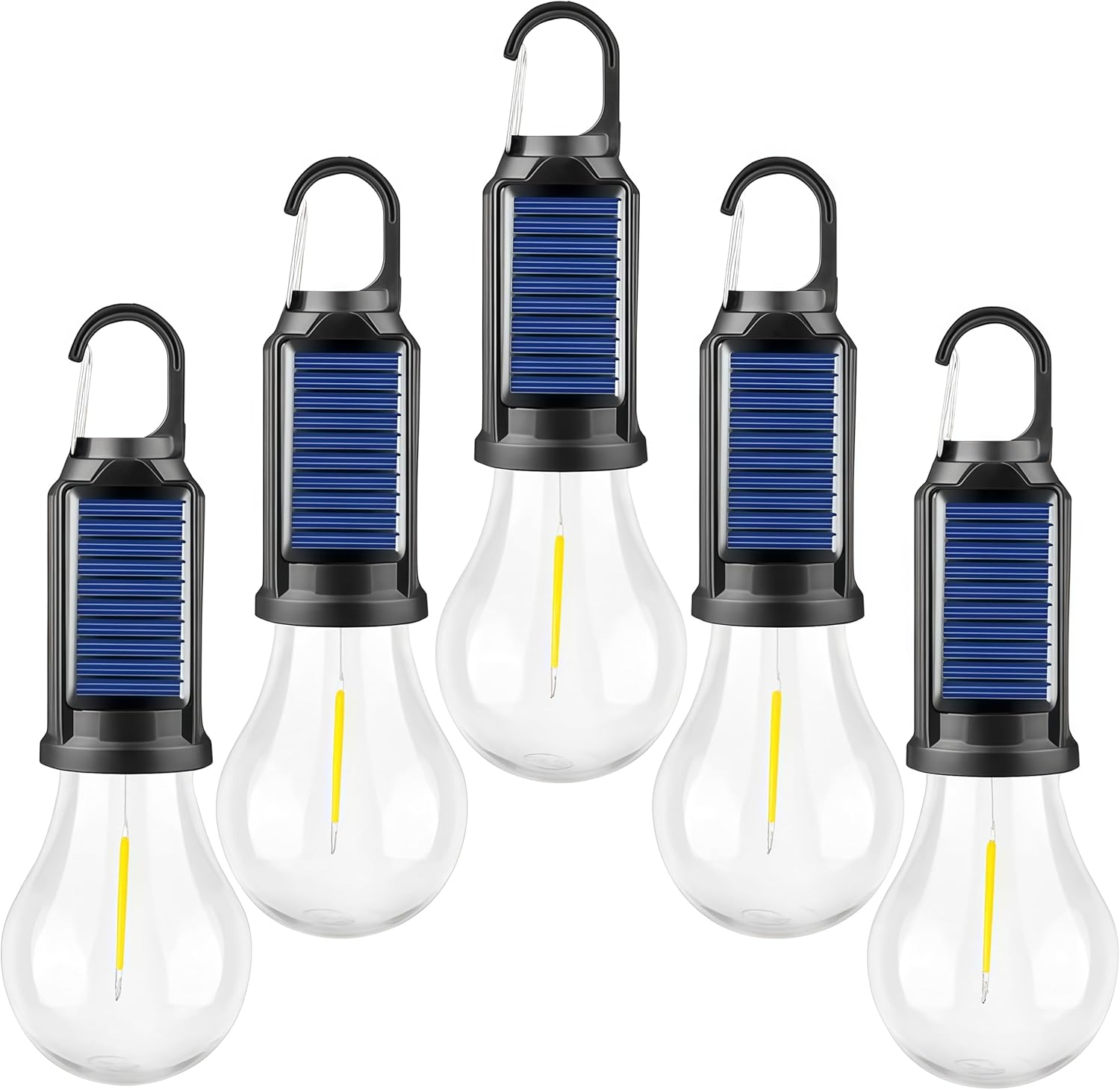 Solar Rechargeable LED Camping Lantern Light Bulbs with Hook Clip, 3 Lighting Modes, Portable Emergency Lights for Camping, Hiking, Power Outage, 5 Pack (2)