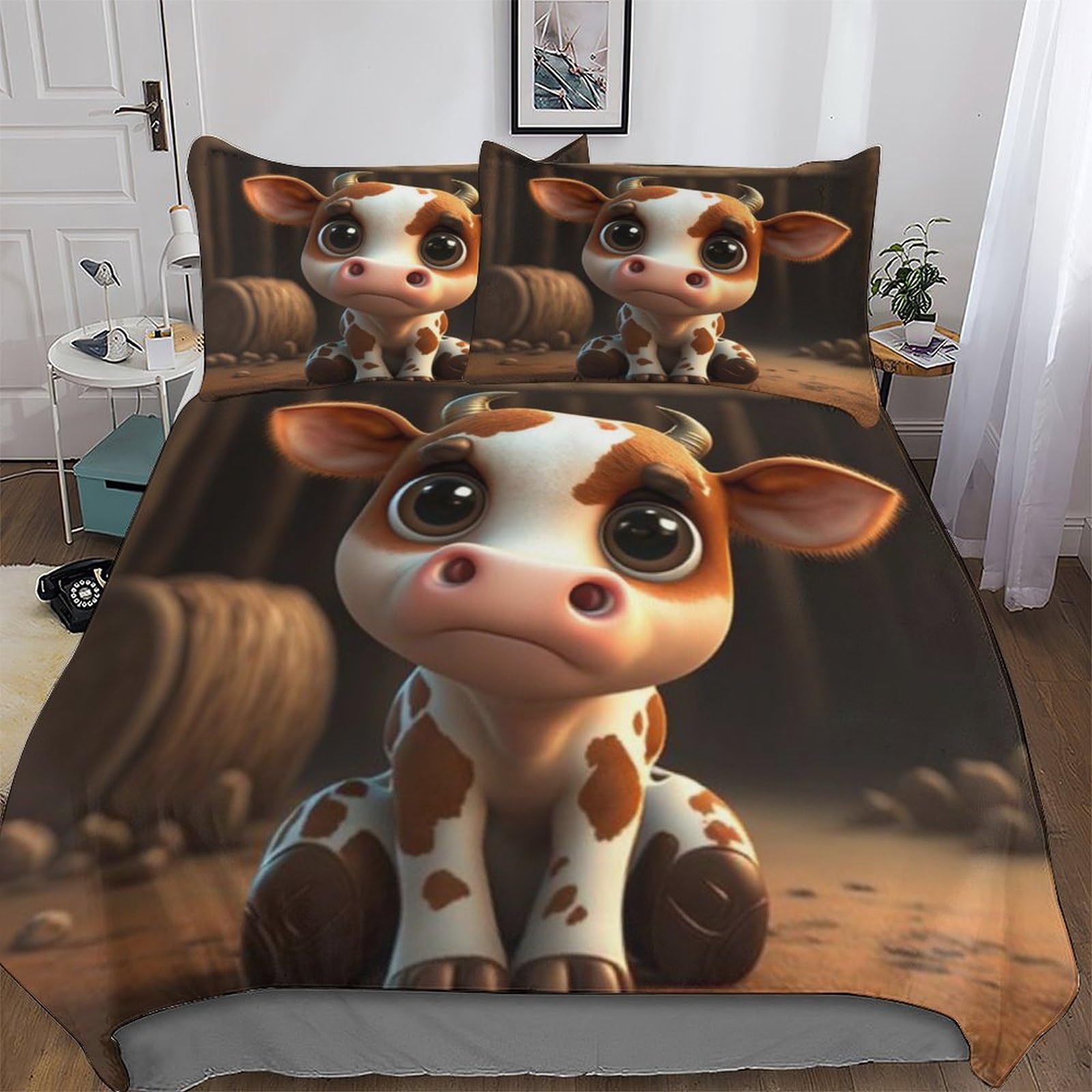 Housse de couette enfants microfibre anti-plis parure lit King 220x240cm vache