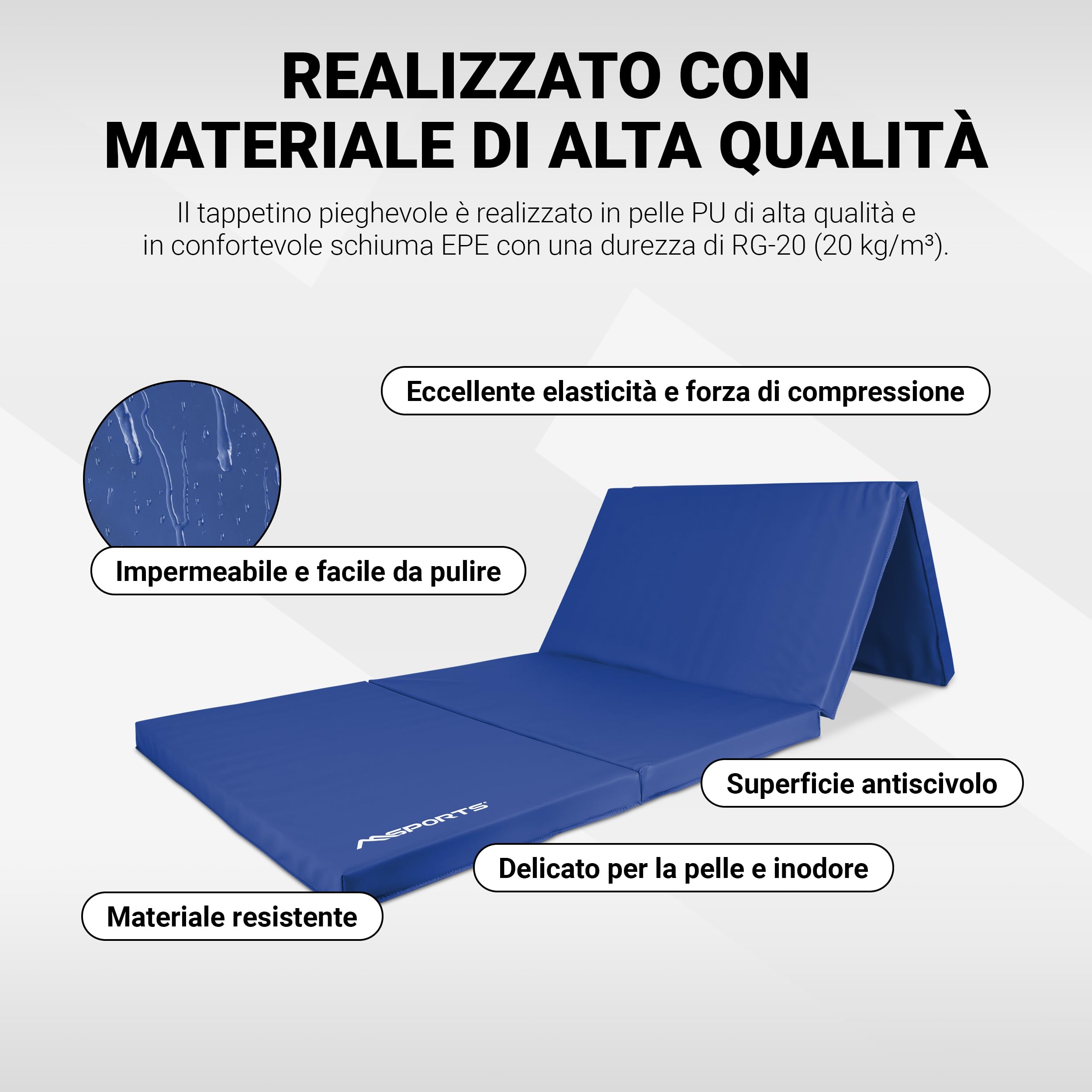 MSPORTS Tappetino da ginnastica di alta qualità, pieghevole, per pavimenti morbidi, 190 x 80 x 5 cm, per la casa, i bambini, gli adulti